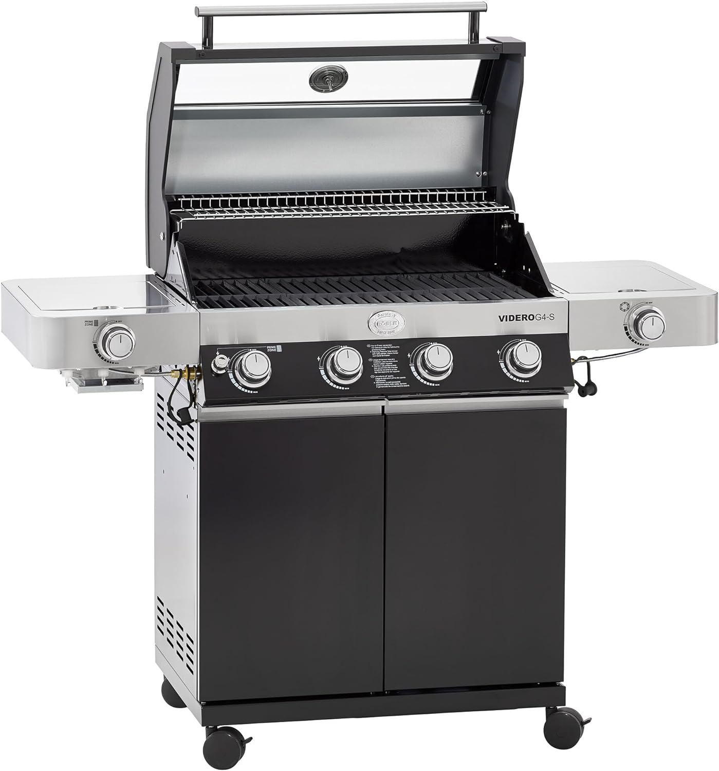 RÖSLE Gasgrill BBQ-Station VIDERO G4-S Schwarz, Grill mit 4 Edelstahlbrennern, extra Primezone und Seitenbrenner, klappbare Seitentische, VARIO+, pulverbeschichteter Stahl | Primezone Extra Seitenbrenner, klappbare Seitentische, Vario+System, pulverbeschi