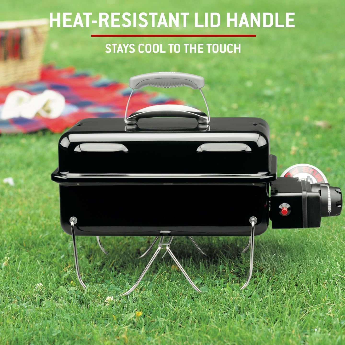 Weber Go-Anywhere Gasgrill | Grill mit klappbaren Beinen, Zündknopf, Robuste Emaille, leicht, kompakter Campinggrill, 42 x 26 cm Grillfläche, Schwarz