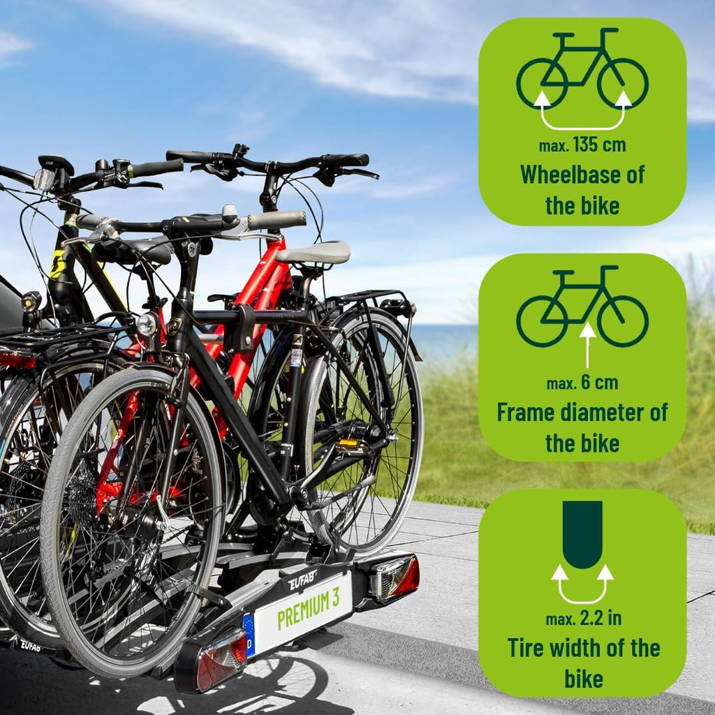 EUFAB 11522 Premium 3 Bicycle Carrier for Towing Hitch, Foldable, for 3 Bicycles