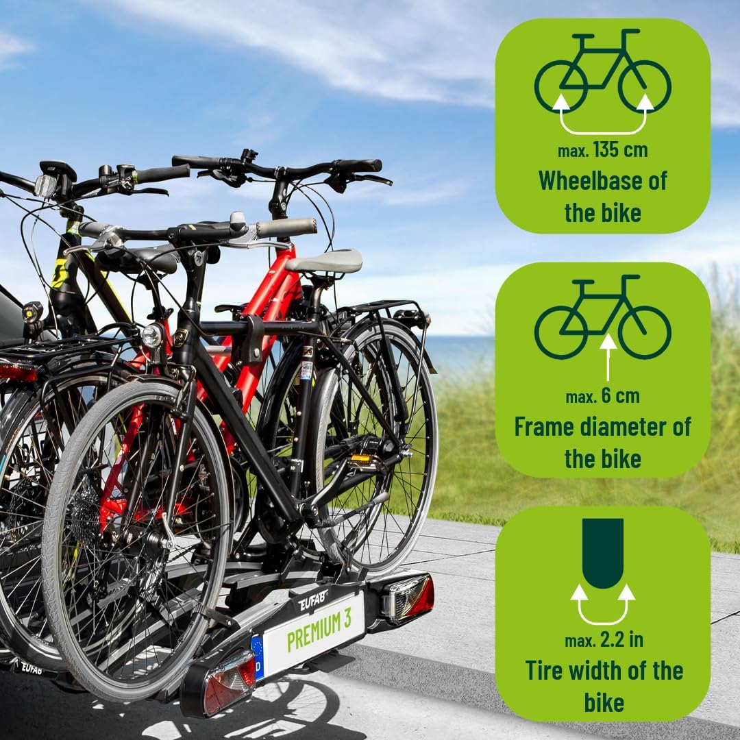 EUFAB 11522 Premium 3 Bicycle Carrier for Towing Hitch, Foldable, for 3 Bicycles