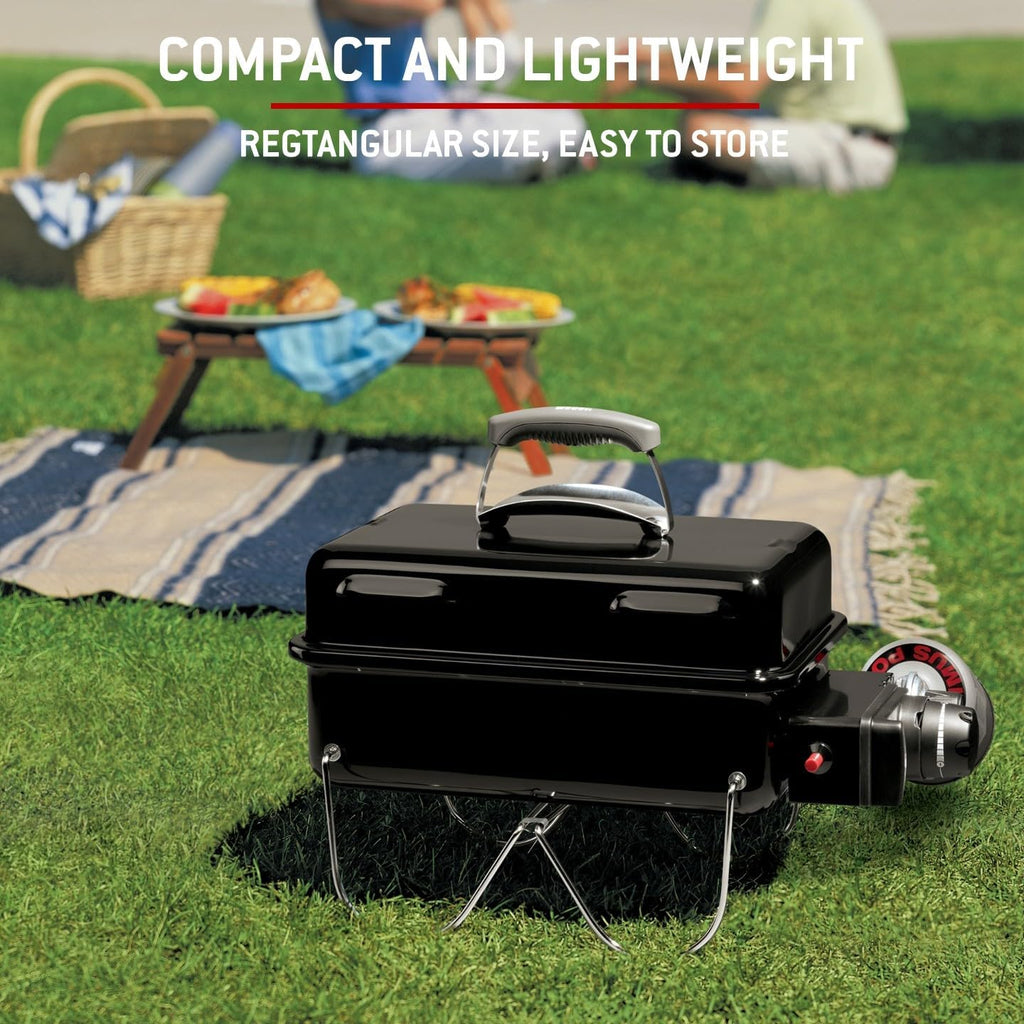 Weber Go-Anywhere Gasgrill | Grill mit klappbaren Beinen, Zündknopf, Robuste Emaille, leicht, kompakter Campinggrill, 42 x 26 cm Grillfläche, Schwarz