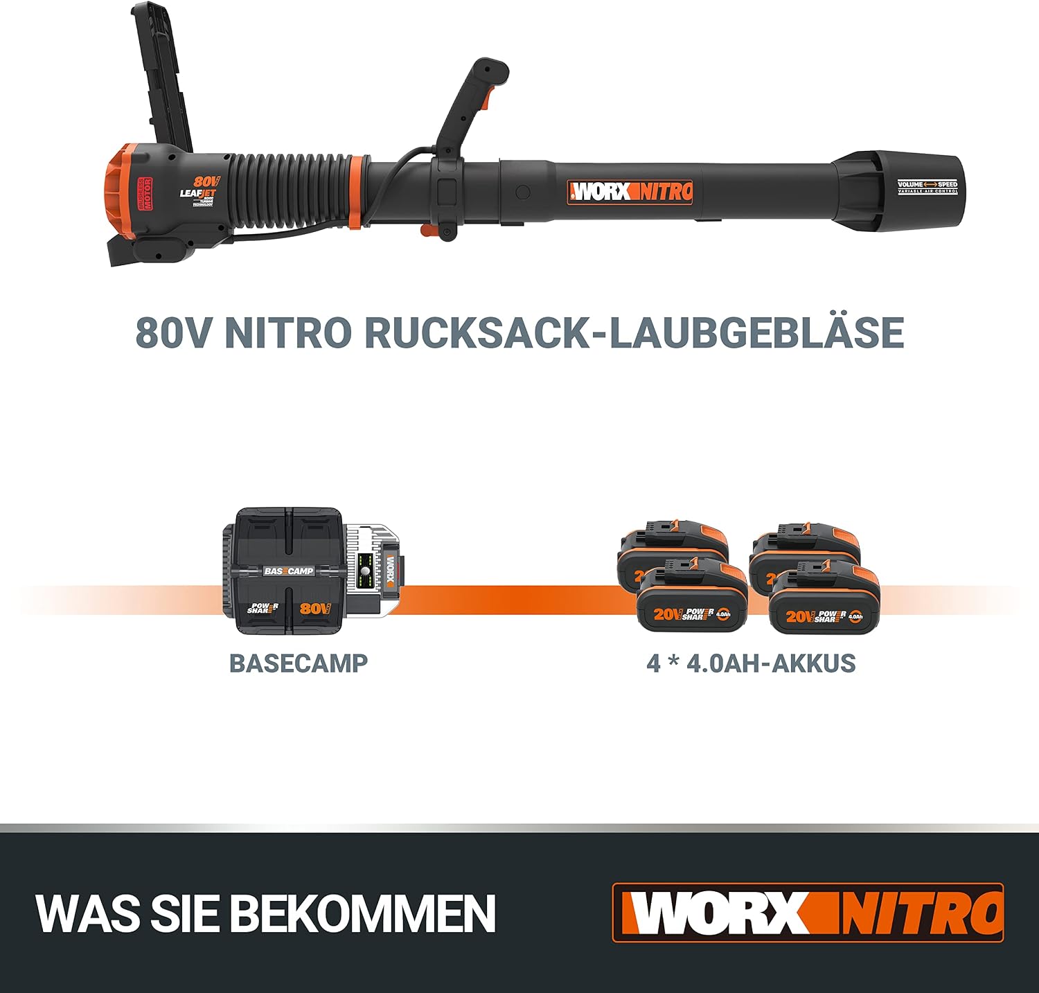 WORX Nitro WG572E 80V (4x20V/4Ah) Laubbläser – Profi mit leistungsstark bürstenlosem Motor – großes Luftvolumen – Variable Geschwindigkeit mit Turbomodus – inkl. 4 x Pro Akkus & Basecamp Ladengerät