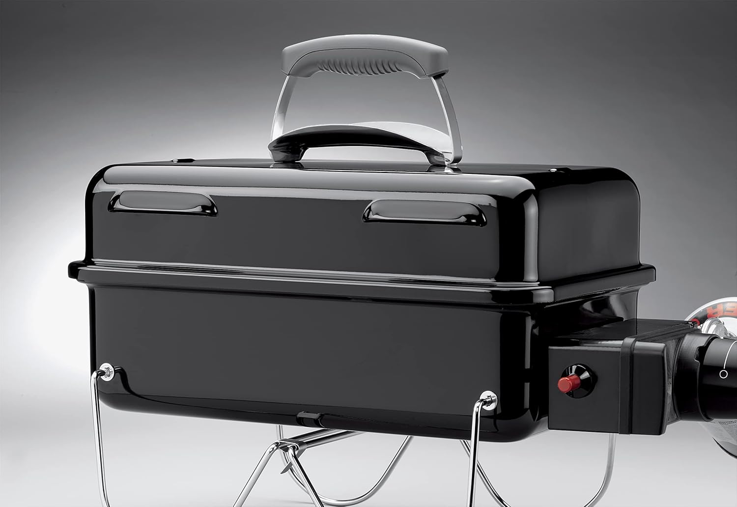 Weber Go-Anywhere Gasgrill | Grill mit klappbaren Beinen, Zündknopf, Robuste Emaille, leicht, kompakter Campinggrill, 42 x 26 cm Grillfläche, Schwarz