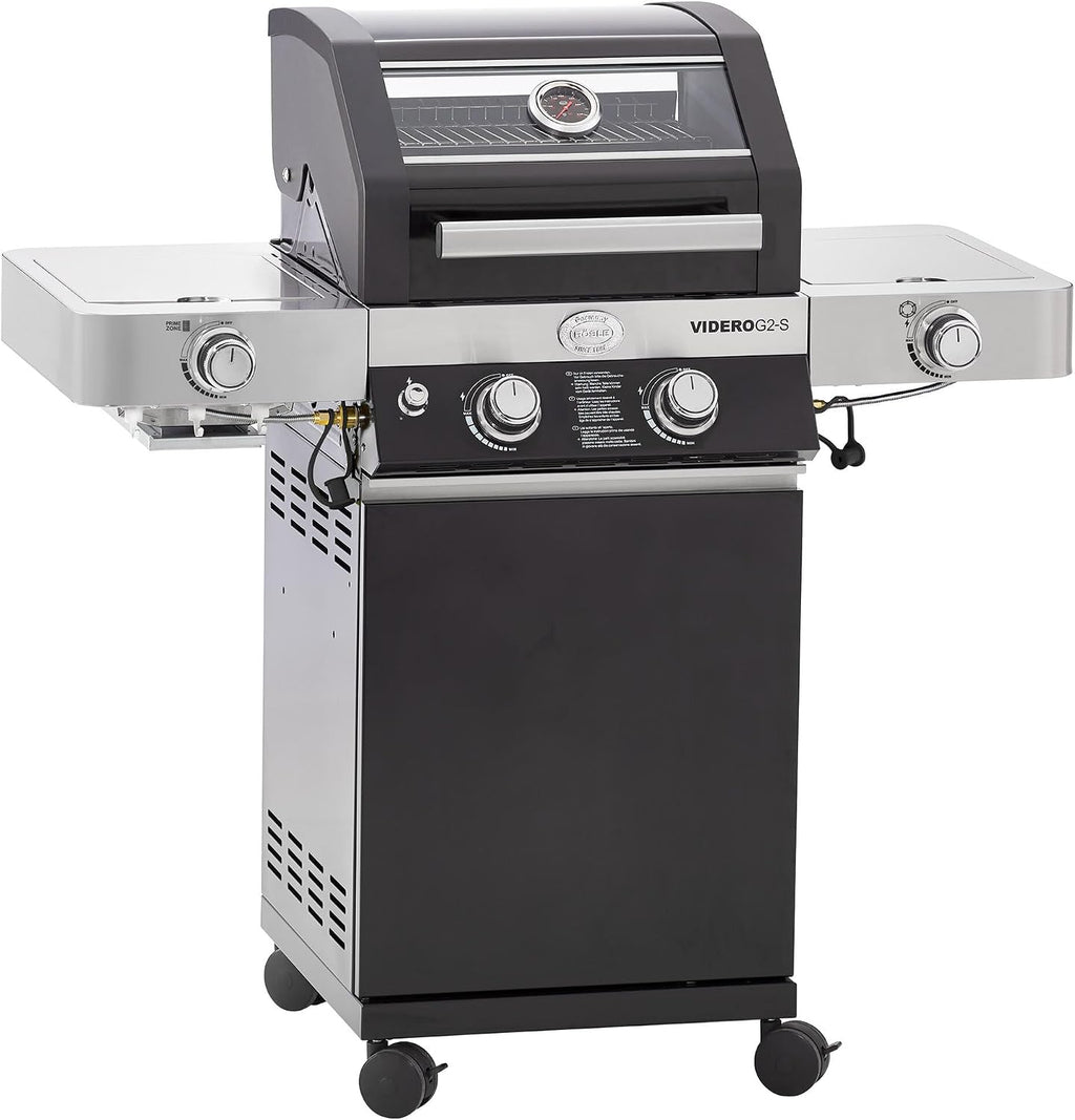 RÖSLE Gasgrill BBQ-Station VIDERO G4-S Schwarz, Grill mit 4 Edelstahlbrennern, extra Primezone und Seitenbrenner, klappbare Seitentische, VARIO+, pulverbeschichteter Stahl | Primezone Extra Seitenbrenner, klappbare Seitentische, Vario+System, pulverbeschi