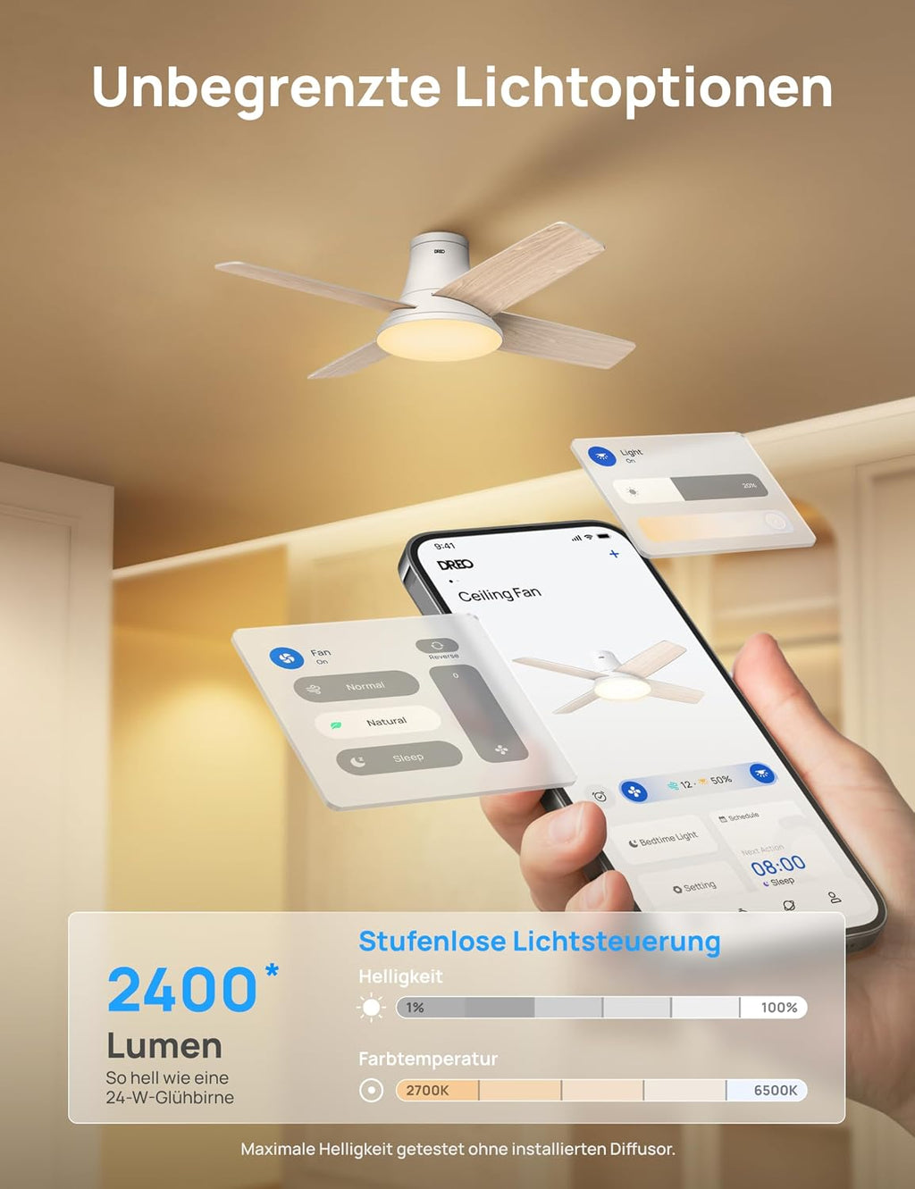 DREO Deckenventilator mit Licht bietet zwölf Geschwindigkeiten, drei Modi und einen leisen Gleichstrommotor. Einfache Montage, dimmbares LED, Fernbedienung und 12-Stunden-Timer in Weiß
