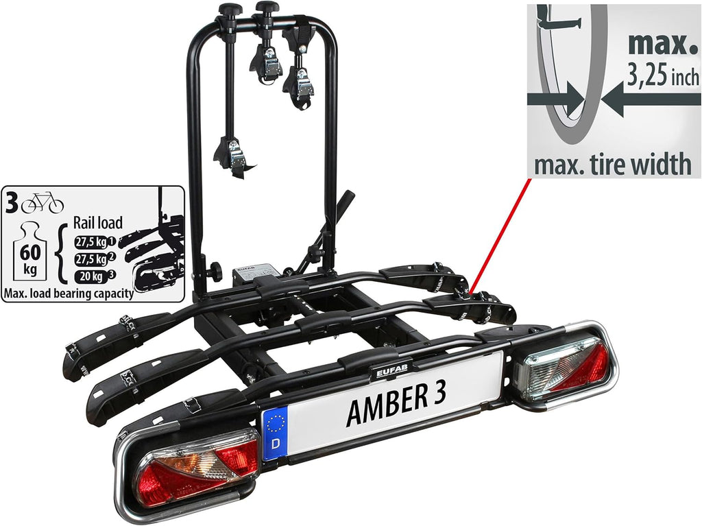EUFAB 11555 Amber 3 bicycle carrier, suitable for e-bikes, partially pre-assembled, anti-theft protection, for 3 bicycles, for tow bar, approx. approx. 102 cm x 74 cm x 72 cm.