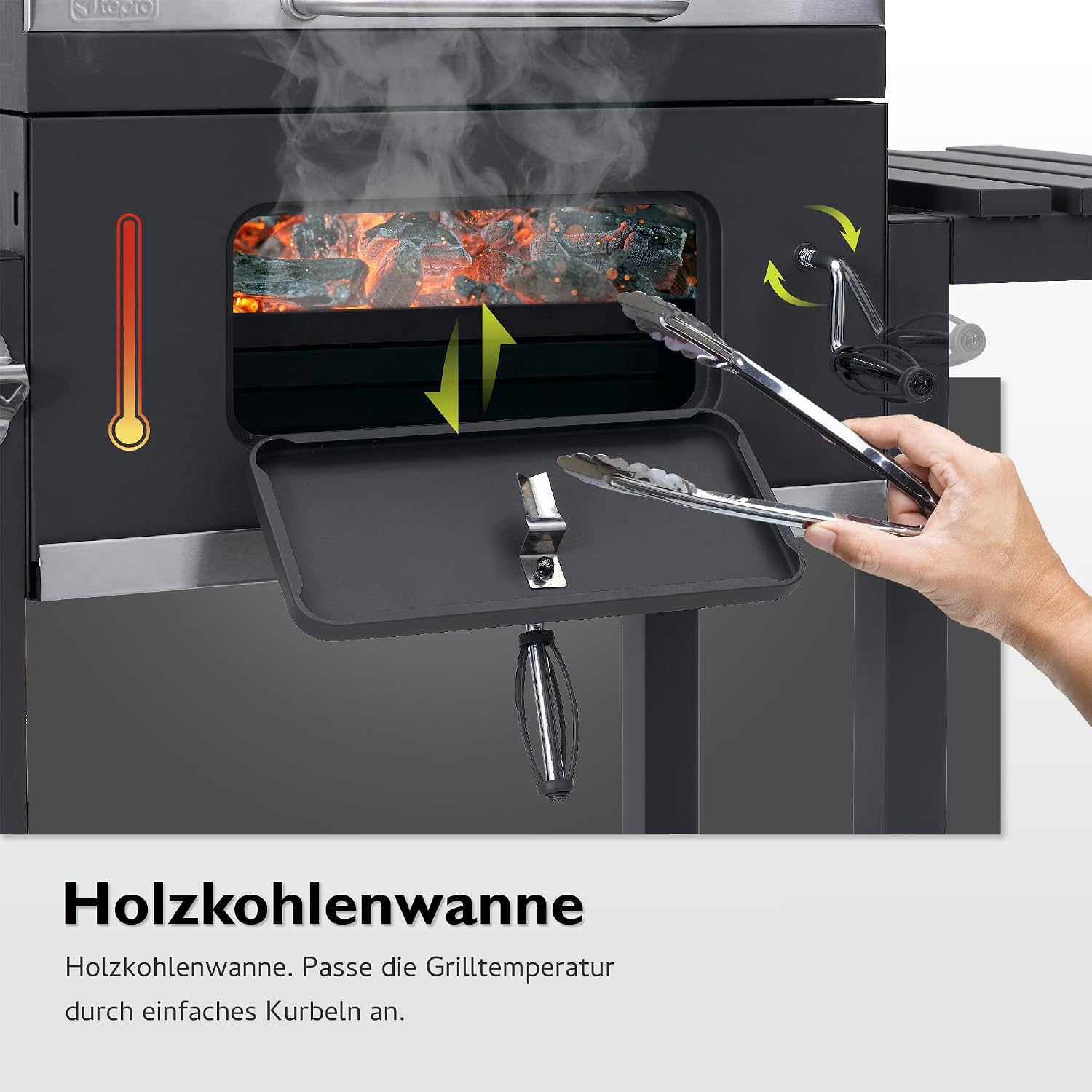 tepro Holzkohlegrill (Grillwagen) Toronto Click, Grillfläche: ca. 56 x 41,5 cm, BBQ mit Deckel, Edelstahl-Griff, Grillrost und Thermometer, Maße ca. 115 x 67 x 107 cm