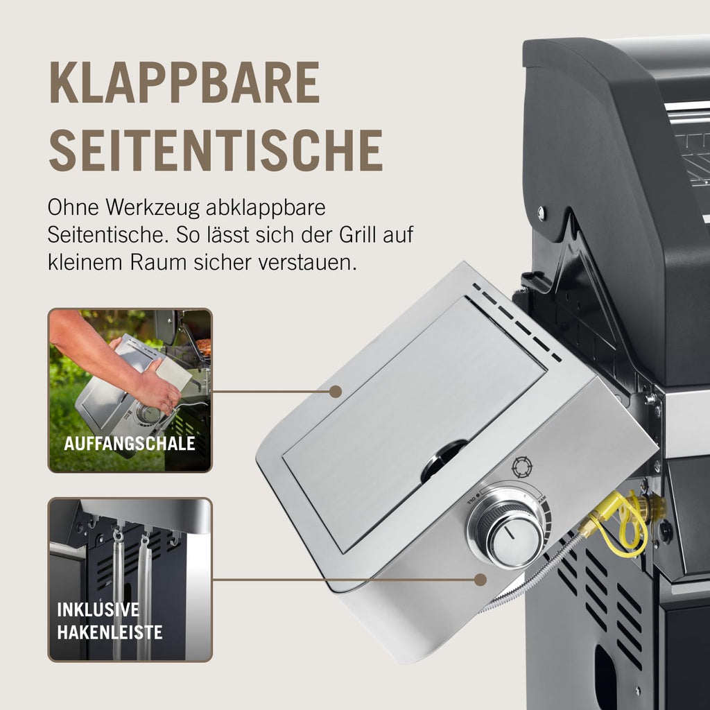 RÖSLE Gasgrill BBQ-Station VIDERO G4-S Schwarz, Grill mit 4 Edelstahlbrennern, extra Primezone und Seitenbrenner, klappbare Seitentische, VARIO+, pulverbeschichteter Stahl | Primezone Extra Seitenbrenner, klappbare Seitentische, Vario+System, pulverbeschi