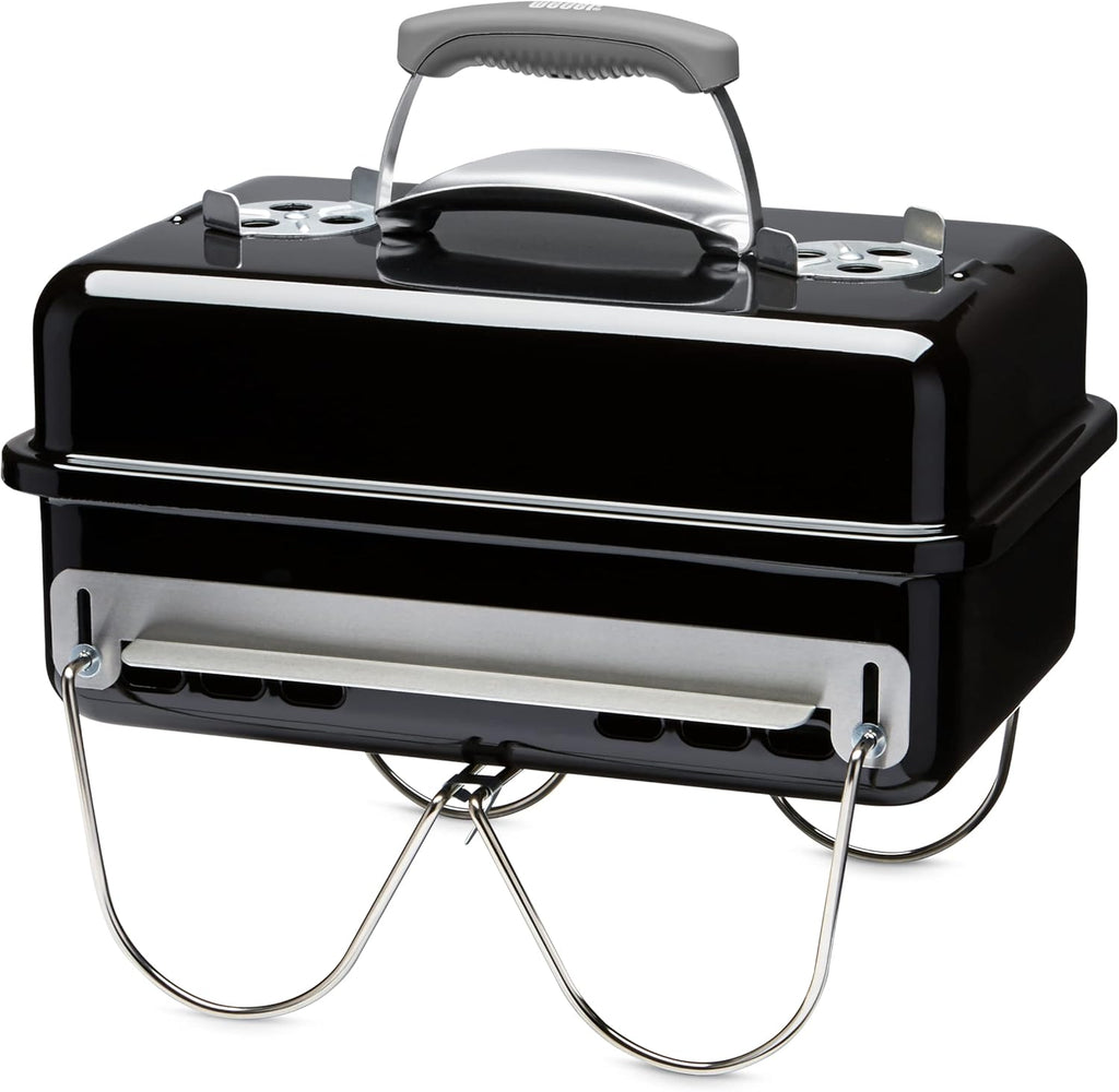 Weber Go-Anywhere Gasgrill | Grill mit klappbaren Beinen, Zündknopf, Robuste Emaille, leicht, kompakter Campinggrill, 42 x 26 cm Grillfläche, Schwarz