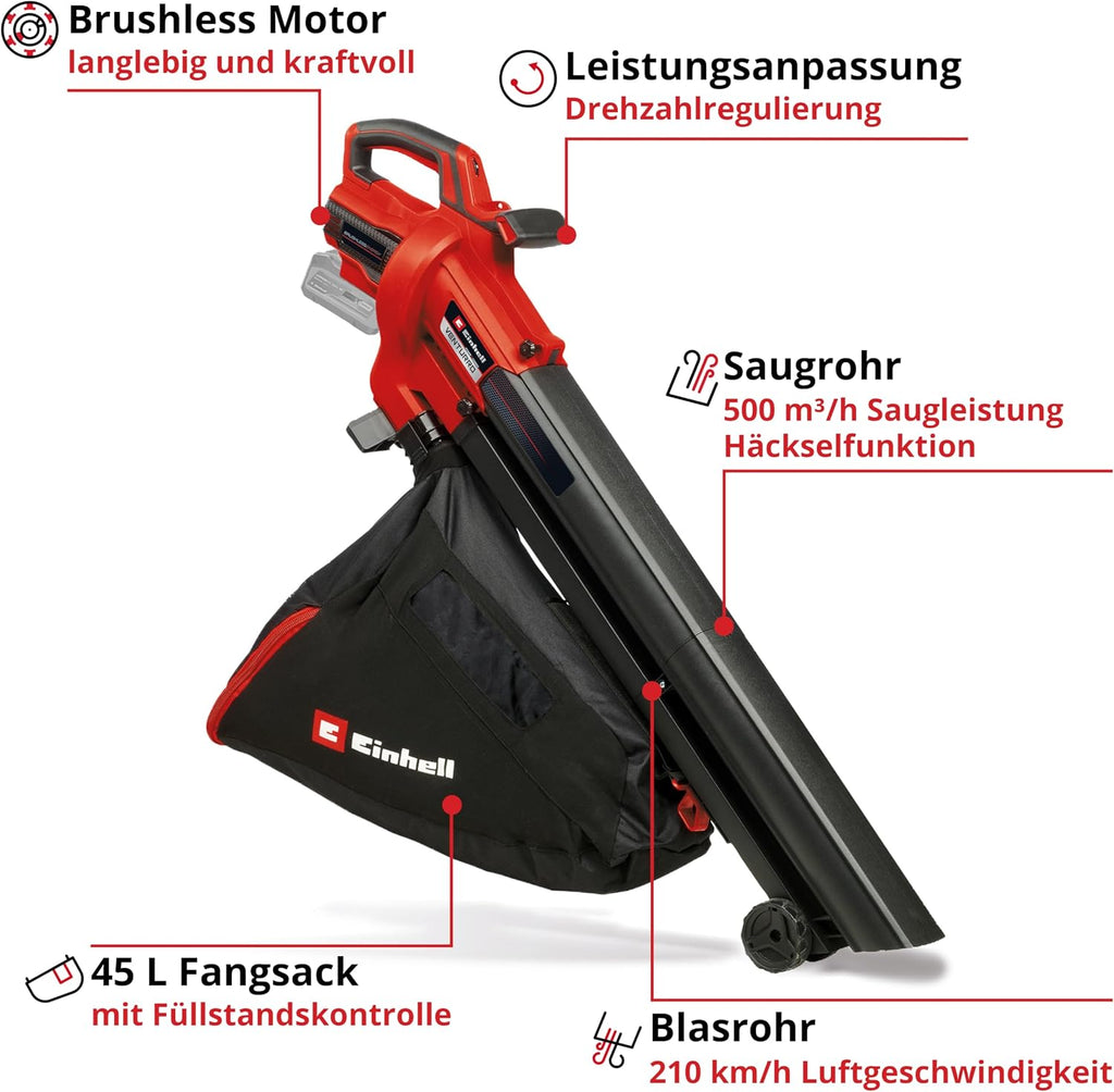 Einhell Akku-Laubsauger VENTURRO 18/210 Power X-Change (18 V, Saugleistung 500 m³/h, Fangsack 45 L, Blasfunktion bis 210 km/h, inkl. 4 Ah Akku & Ladegerät) Schwarz,Rot