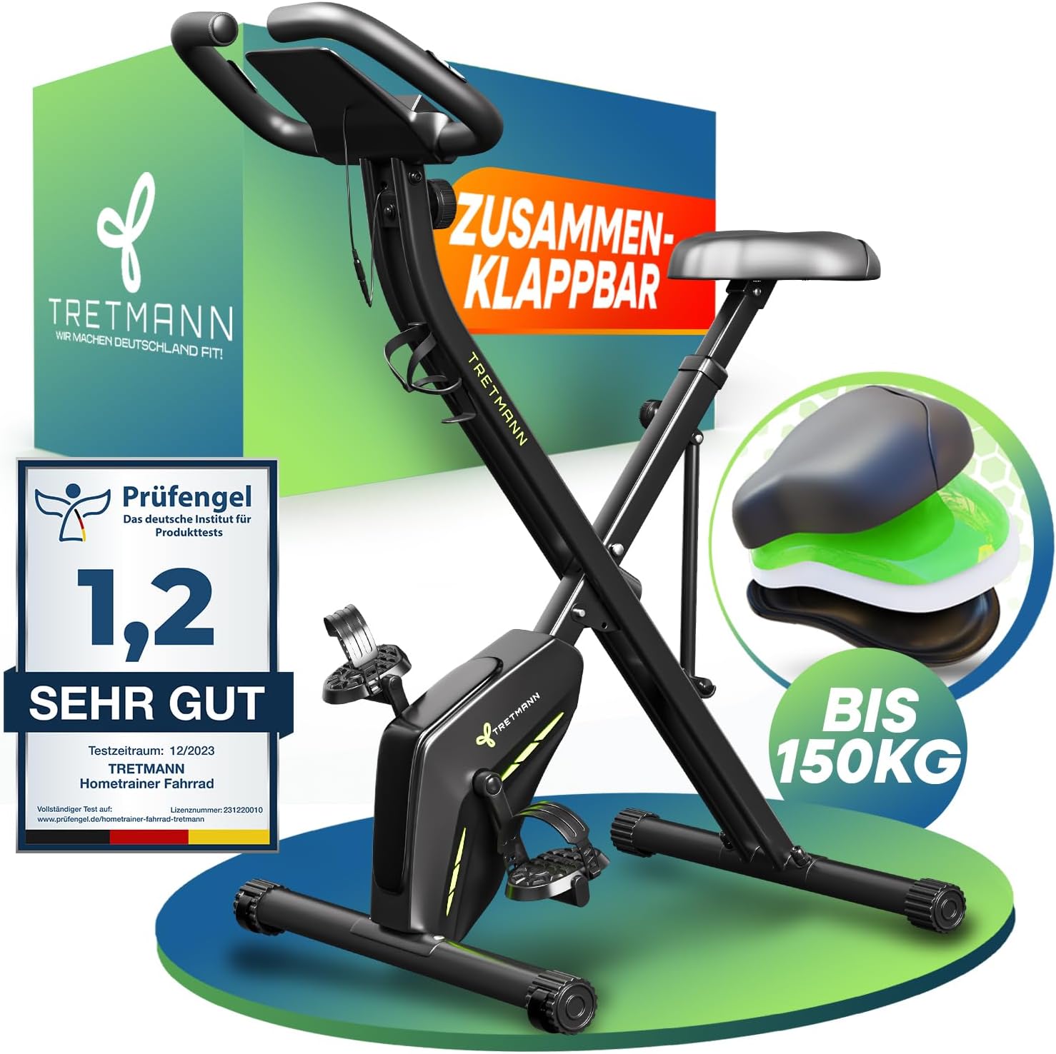 TRETMANN Heimtrainer klappbar 16 Stufen – Magnetbremse, Pulssensor, 150kg, DEKRA, Matt Stahl