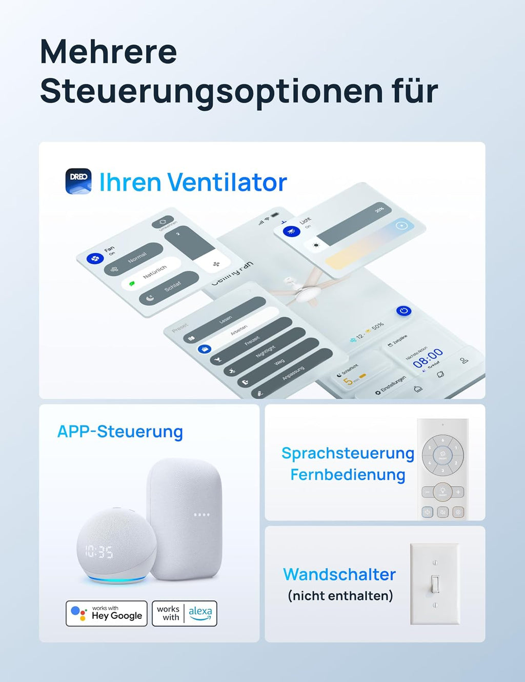 DREO Smart Deckenventilator mit Licht, 132 cm, 12 Geschwindigkeiten, 3 Modi, stufenlos dimmbares LED-Beleuchtung, leiser DC-Motor, 12H-Timer, Fernbedienung/APP/Alexa, für Innenräume, Weiß