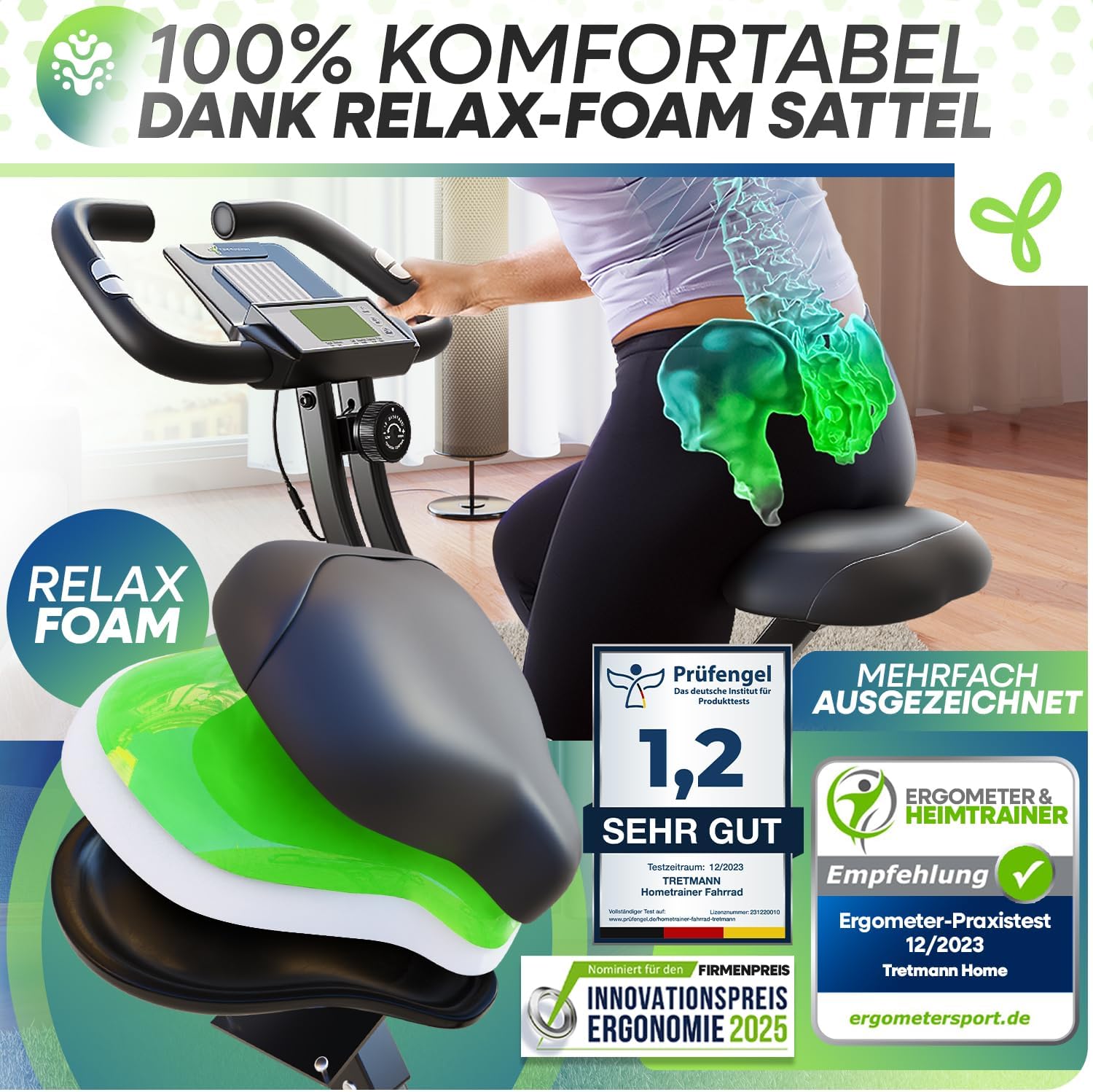 TRETMANN Heimtrainer klappbar 16 Stufen – Magnetbremse, Pulssensor, 150kg, DEKRA, Matt Stahl