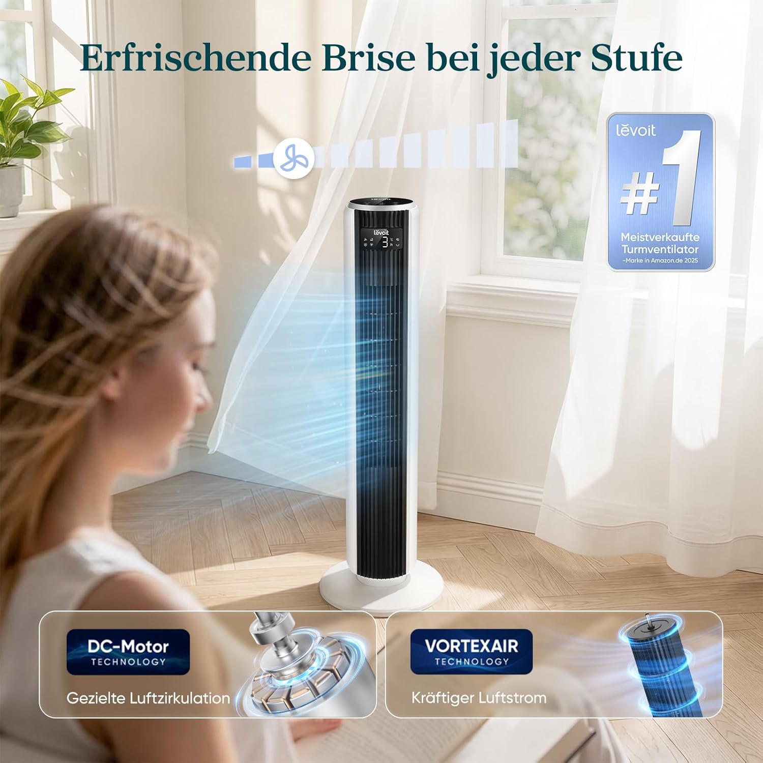 Levoit LTF-F362-WEU Classic Turmventilator 92cm – 20dB, 7,9m/s, 12 Stufen, Speicher, LED, 24W, Leinenweiß