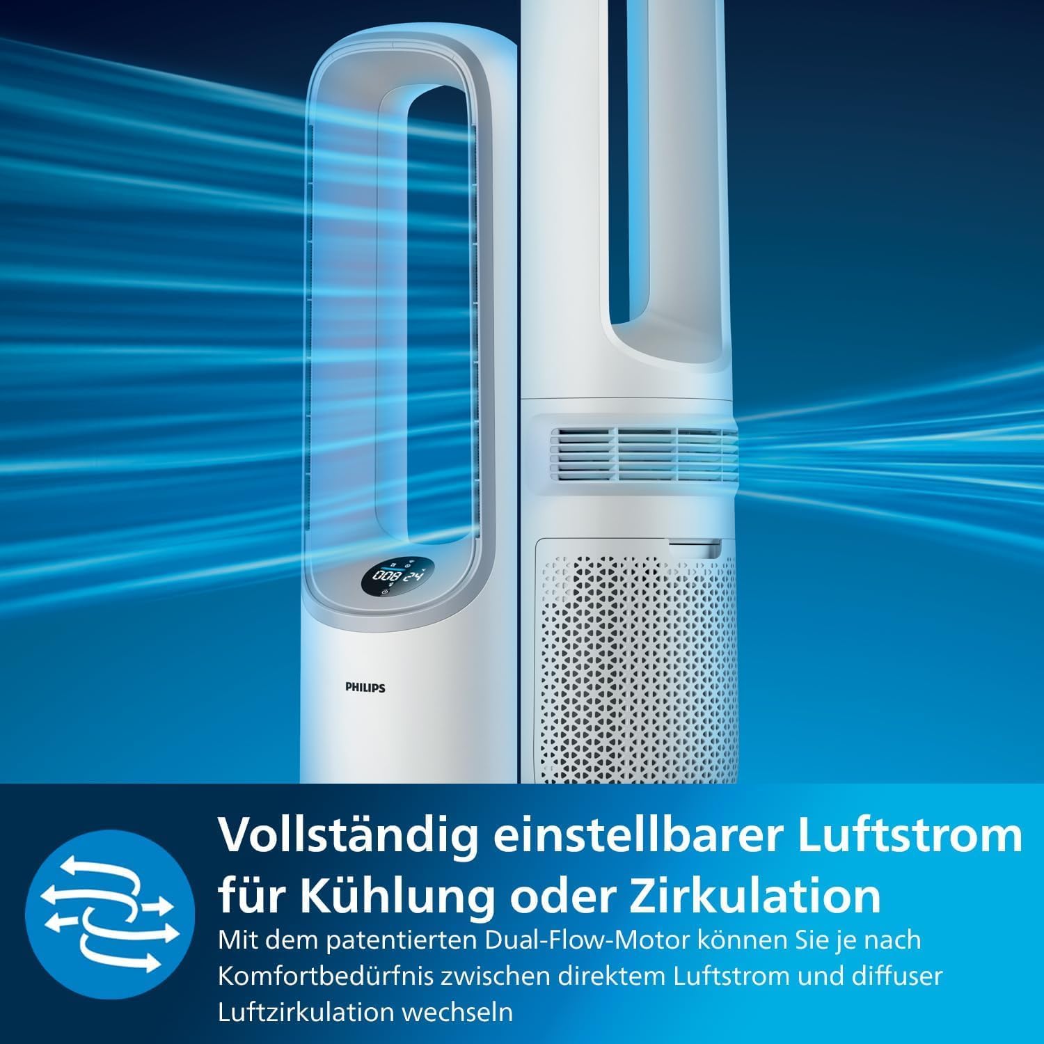 PHILIPS Air Performer 2-in-1: Luftreiniger und Kühlgebläse - Reinigt 70 m², Entfernt 99,97% der Allergene und Schadstoffe. HEPA-Filter, Intelligente Sensoren, Alexa, App. (AMF765/10)