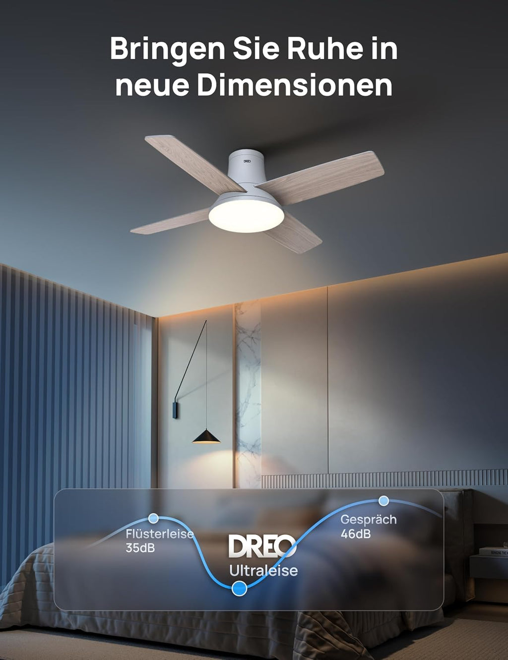 DREO Deckenventilator mit Licht bietet zwölf Geschwindigkeiten, drei Modi und einen leisen Gleichstrommotor. Einfache Montage, dimmbares LED, Fernbedienung und 12-Stunden-Timer in Weiß