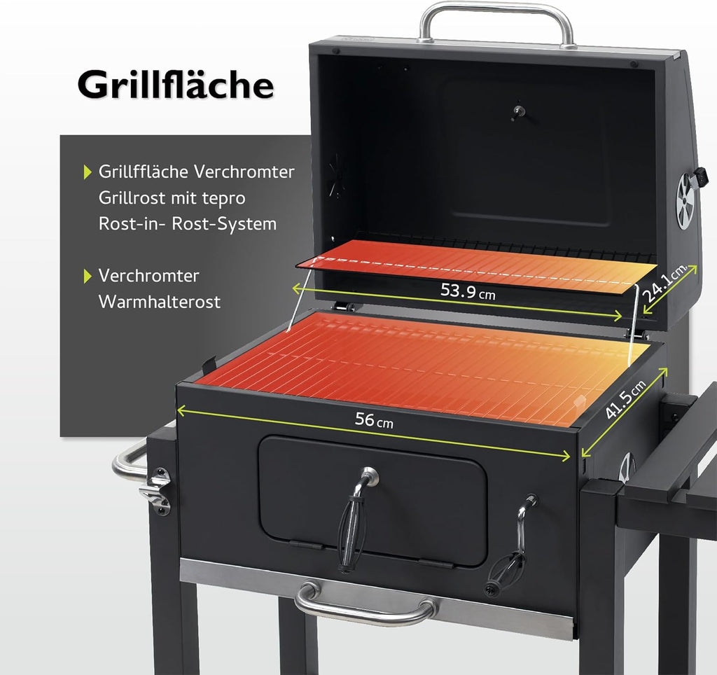 tepro Holzkohlegrill (Grillwagen) Toronto Click, Grillfläche: ca. 56 x 41,5 cm, BBQ mit Deckel, Edelstahl-Griff, Grillrost und Thermometer, Maße ca. 115 x 67 x 107 cm