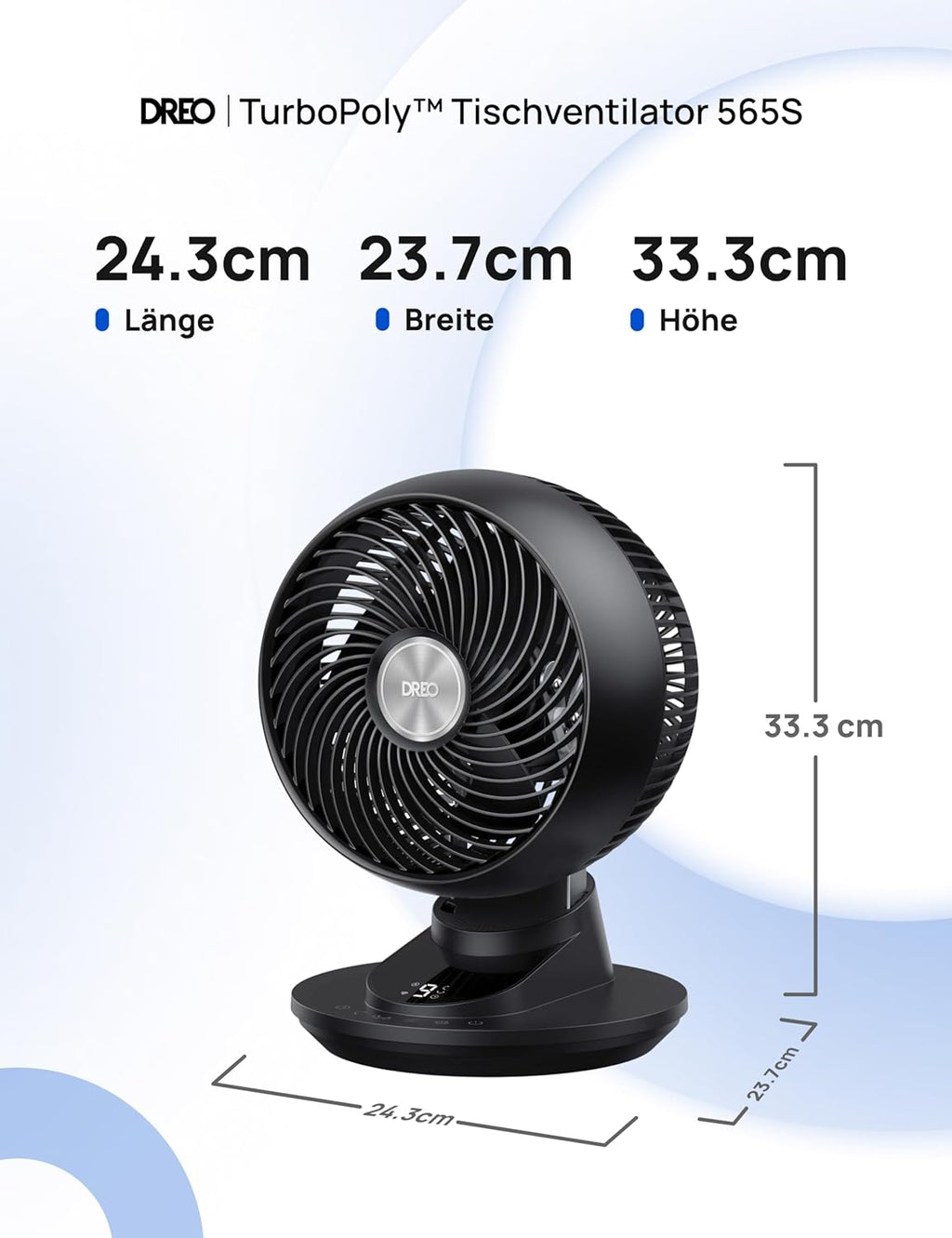 DREO TurboPoly DR-HAF008S Tischventilator – 1.530m³/h, 22dB, 100° Oszillation, 9 Stufen, WiFi, Alexa, Schwarz