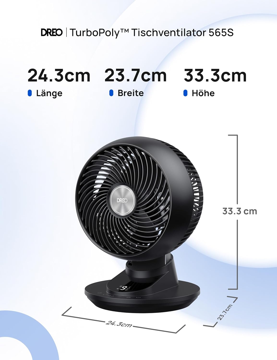 DREO TurboPoly DR-HAF008S Tischventilator – 1.530m³/h, 22dB, 100° Oszillation, 9 Stufen, WiFi, Alexa, Schwarz