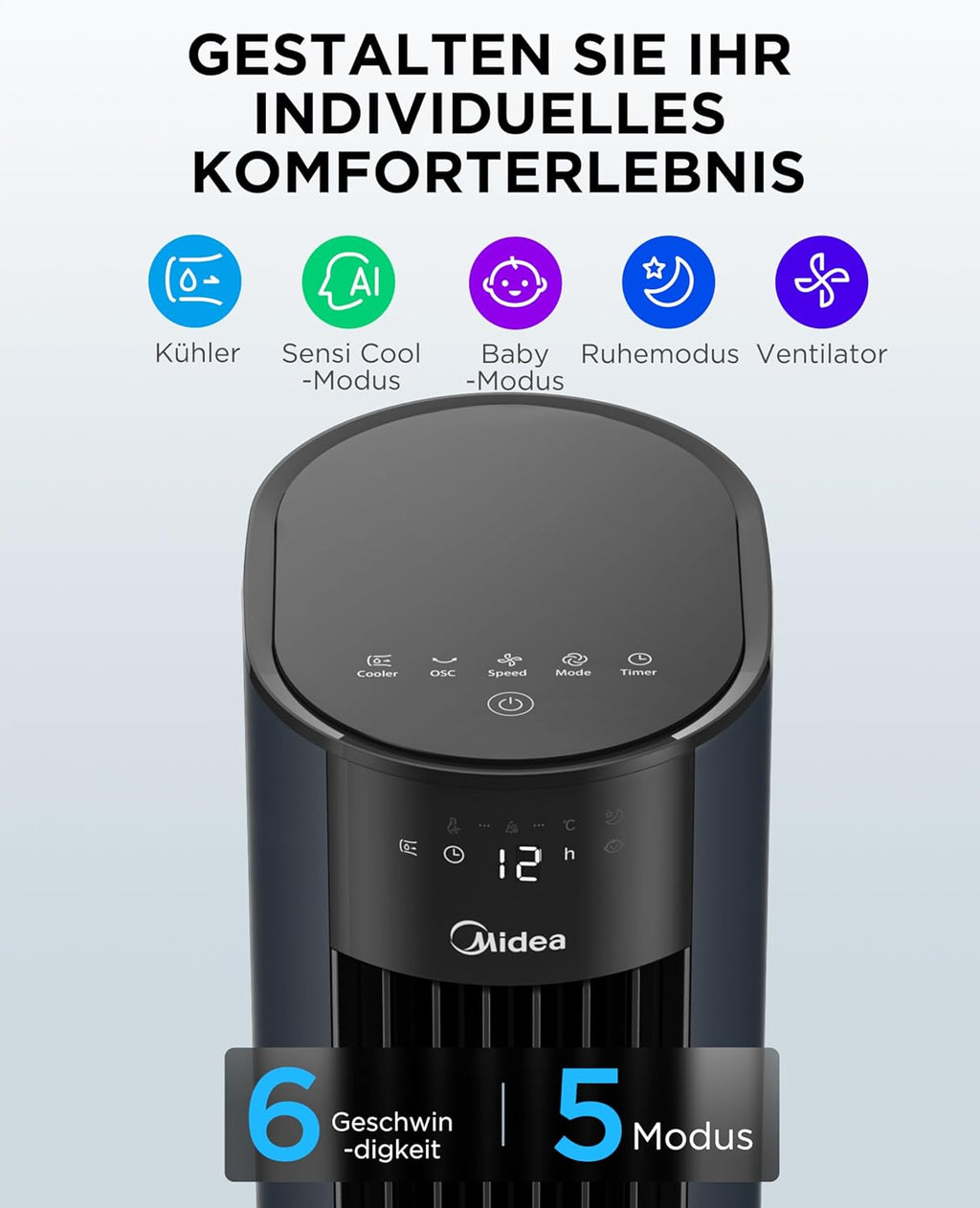 Midea MCF23XRB Luftkühler 7L – SensiCool, 2000 m³/h, 5 Modi, 6 Stufen, 28dB, Fernbedienung, Blau