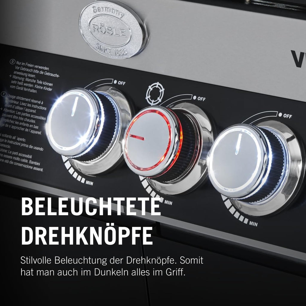 RÖSLE Gasgrill BBQ-Station VIDERO G4-S Schwarz, Grill mit 4 Edelstahlbrennern, extra Primezone und Seitenbrenner, klappbare Seitentische, VARIO+, pulverbeschichteter Stahl | Primezone Extra Seitenbrenner, klappbare Seitentische, Vario+System, pulverbeschi