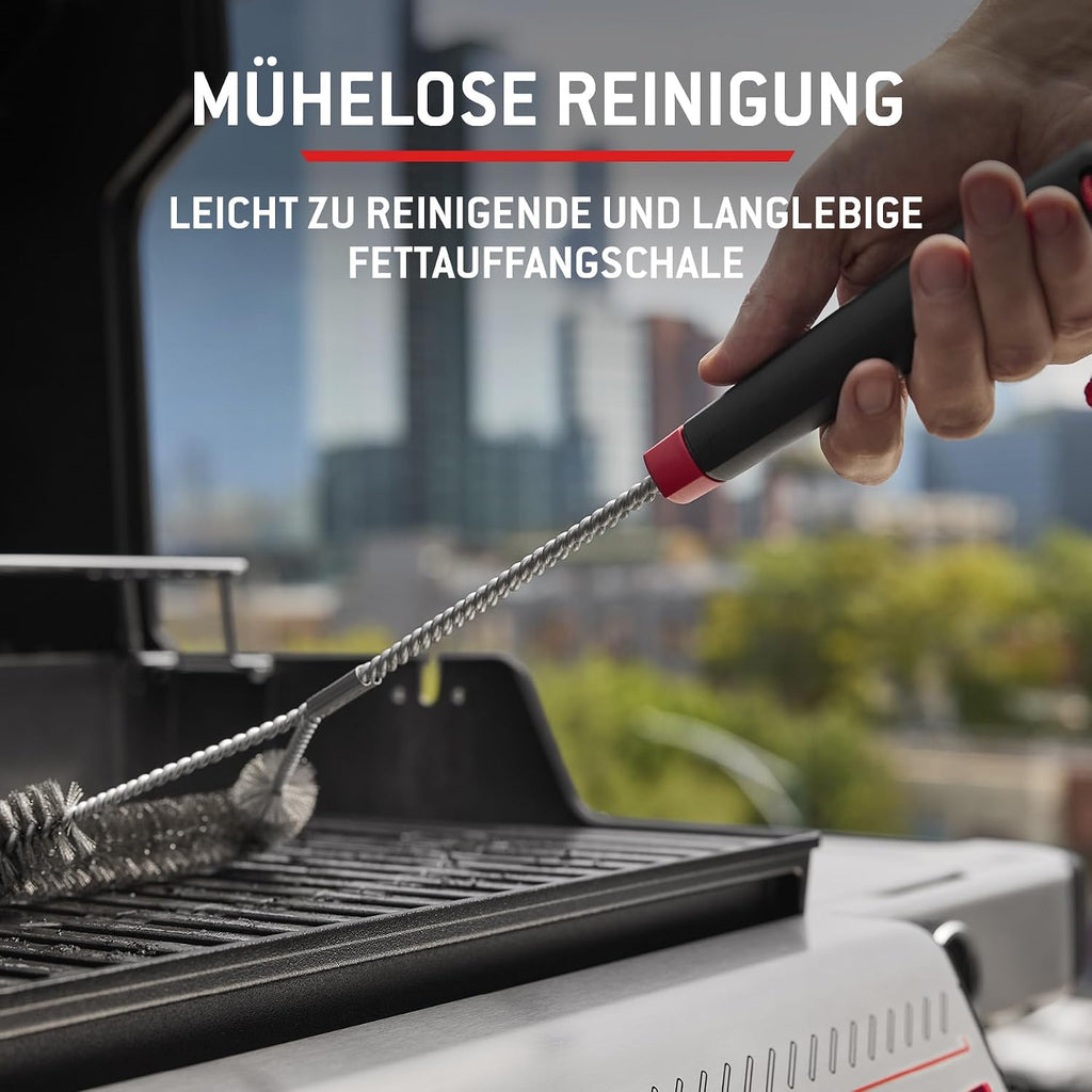 Weber Spirit E-310 Gasgrill | 3 Brenner, Snap-Jet Zündung, Robuste Räder und Warmhalterost, 51 x 46 cm Grillfläche, Weber Works kompatibel, Schwarz/Silber