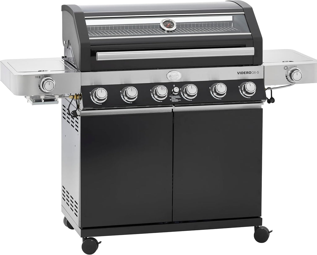 RÖSLE Gasgrill BBQ-Station VIDERO G4-S Schwarz, Grill mit 4 Edelstahlbrennern, extra Primezone und Seitenbrenner, klappbare Seitentische, VARIO+, pulverbeschichteter Stahl | Primezone Extra Seitenbrenner, klappbare Seitentische, Vario+System, pulverbeschi