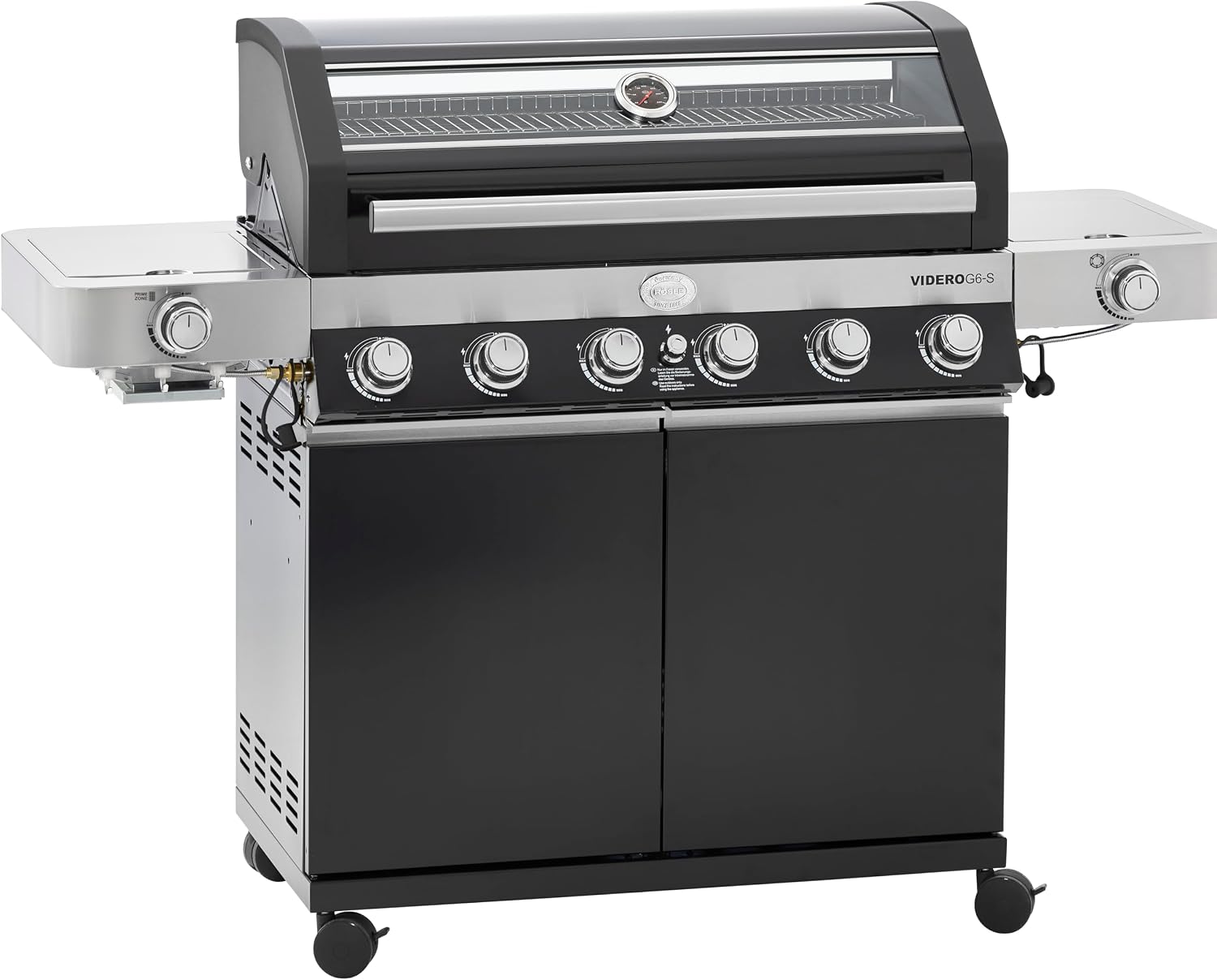 RÖSLE Gasgrill BBQ-Station VIDERO G4-S Schwarz, Grill mit 4 Edelstahlbrennern, extra Primezone und Seitenbrenner, klappbare Seitentische, VARIO+, pulverbeschichteter Stahl | Primezone Extra Seitenbrenner, klappbare Seitentische, Vario+System, pulverbeschi