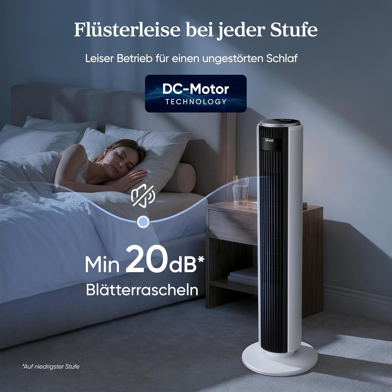 Levoit LTF-F362-WEU Classic Turmventilator 92cm – 20dB, 7,9m/s, 12 Stufen, Speicher, LED, 24W, Leinenweiß