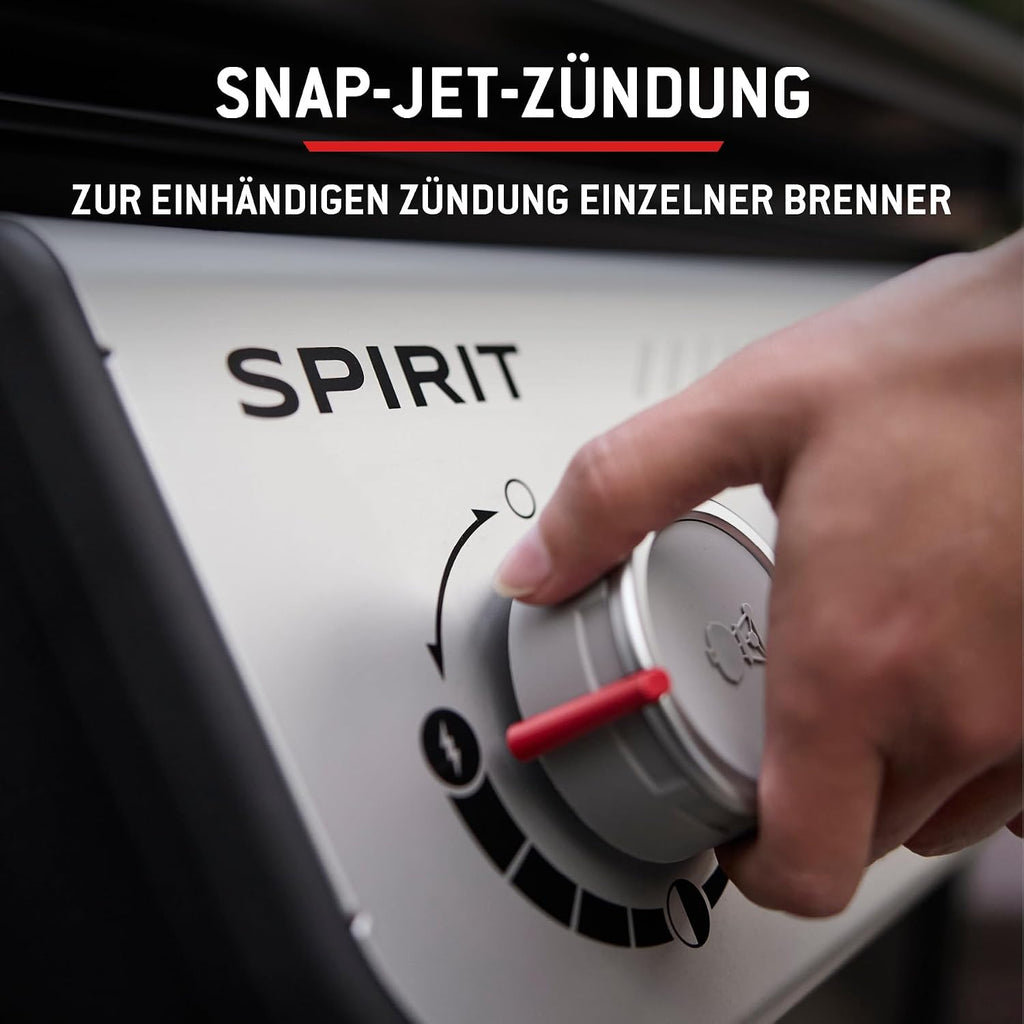 Weber Spirit E-310 Gasgrill | 3 Brenner, Snap-Jet Zündung, Robuste Räder und Warmhalterost, 51 x 46 cm Grillfläche, Weber Works kompatibel, Schwarz/Silber