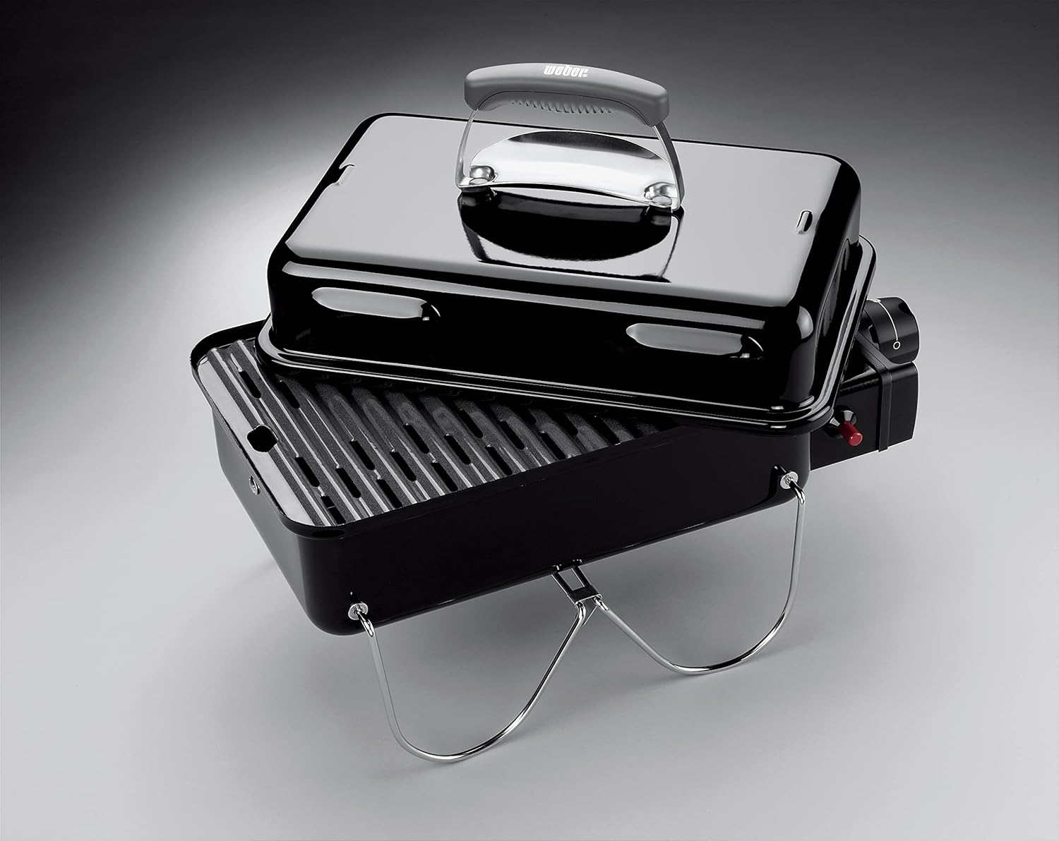 Weber Go-Anywhere Gasgrill | Grill mit klappbaren Beinen, Zündknopf, Robuste Emaille, leicht, kompakter Campinggrill, 42 x 26 cm Grillfläche, Schwarz