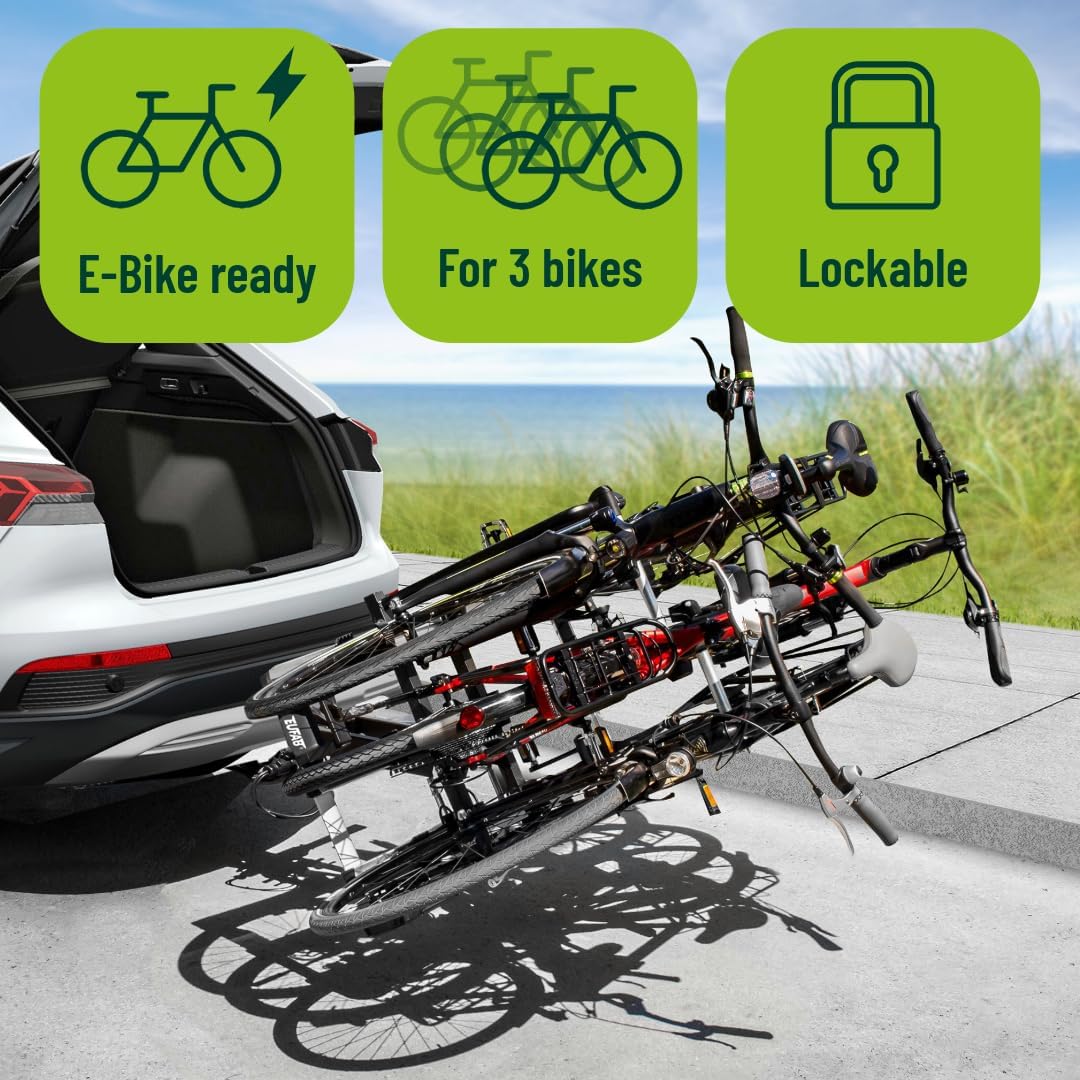 EUFAB 11522 Premium 3 Bicycle Carrier for Towing Hitch, Foldable, for 3 Bicycles
