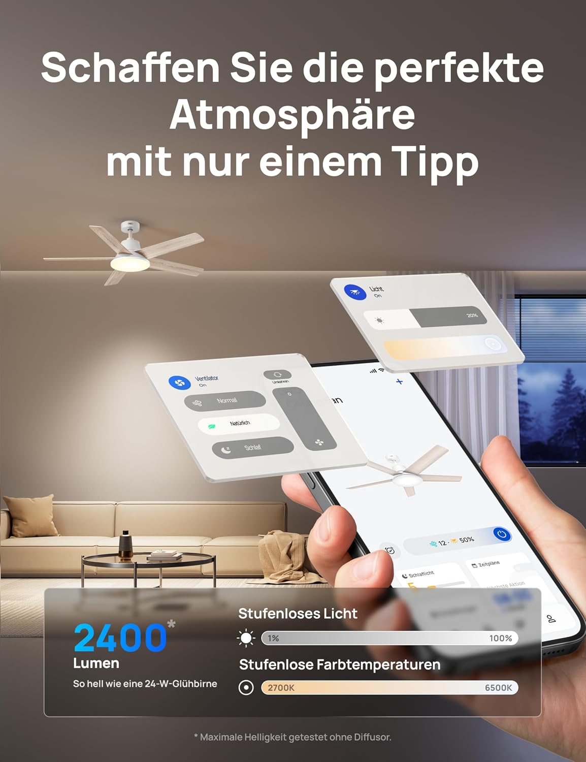 DREO Smart Deckenventilator mit Licht, 132 cm, 12 Geschwindigkeiten, 3 Modi, stufenlos dimmbares LED-Beleuchtung, leiser DC-Motor, 12H-Timer, Fernbedienung/APP/Alexa, für Innenräume, Weiß