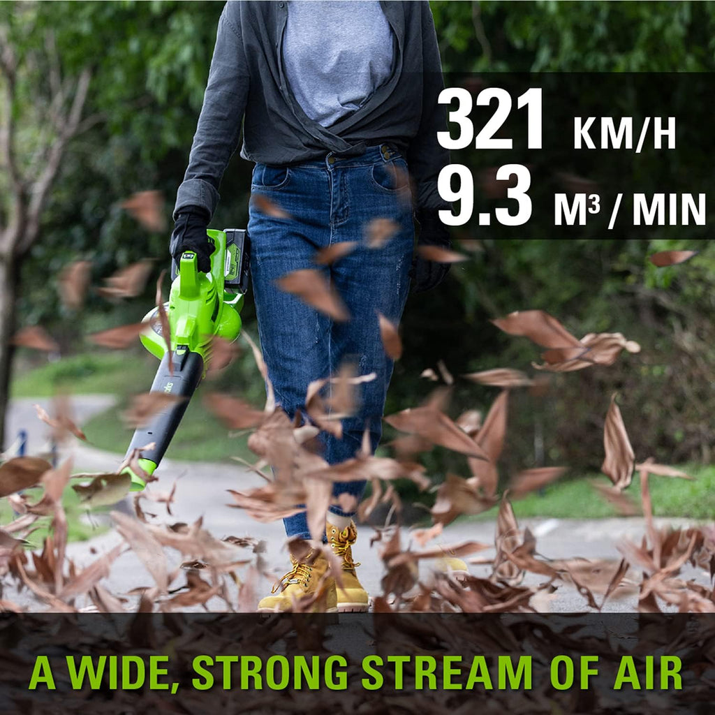 Greenworks 48V(24V x 2) Akku Laubsauger / Laubbläser mit Schultergurt, bürstenloser Motor, 322 km/h, 9 m³/min, 45L Fangsack, zwei 4Ah Batterien & Ladegerät, 3 Jahre Garantie GD24X2BVK4X