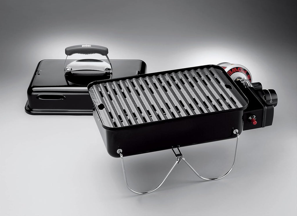 Weber Go-Anywhere Gasgrill | Grill mit klappbaren Beinen, Zündknopf, Robuste Emaille, leicht, kompakter Campinggrill, 42 x 26 cm Grillfläche, Schwarz