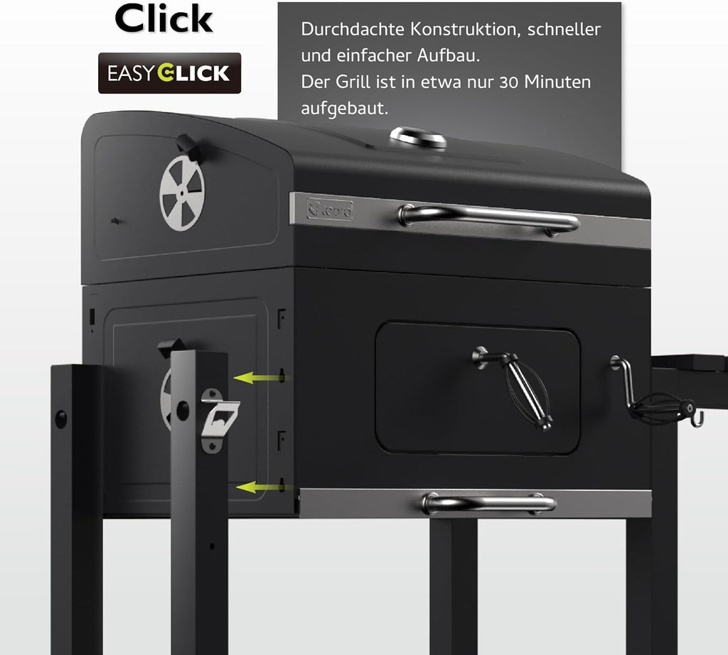 tepro Holzkohlegrill (Grillwagen) Toronto Click, Grillfläche: ca. 56 x 41,5 cm, BBQ mit Deckel, Edelstahl-Griff, Grillrost und Thermometer, Maße ca. 115 x 67 x 107 cm
