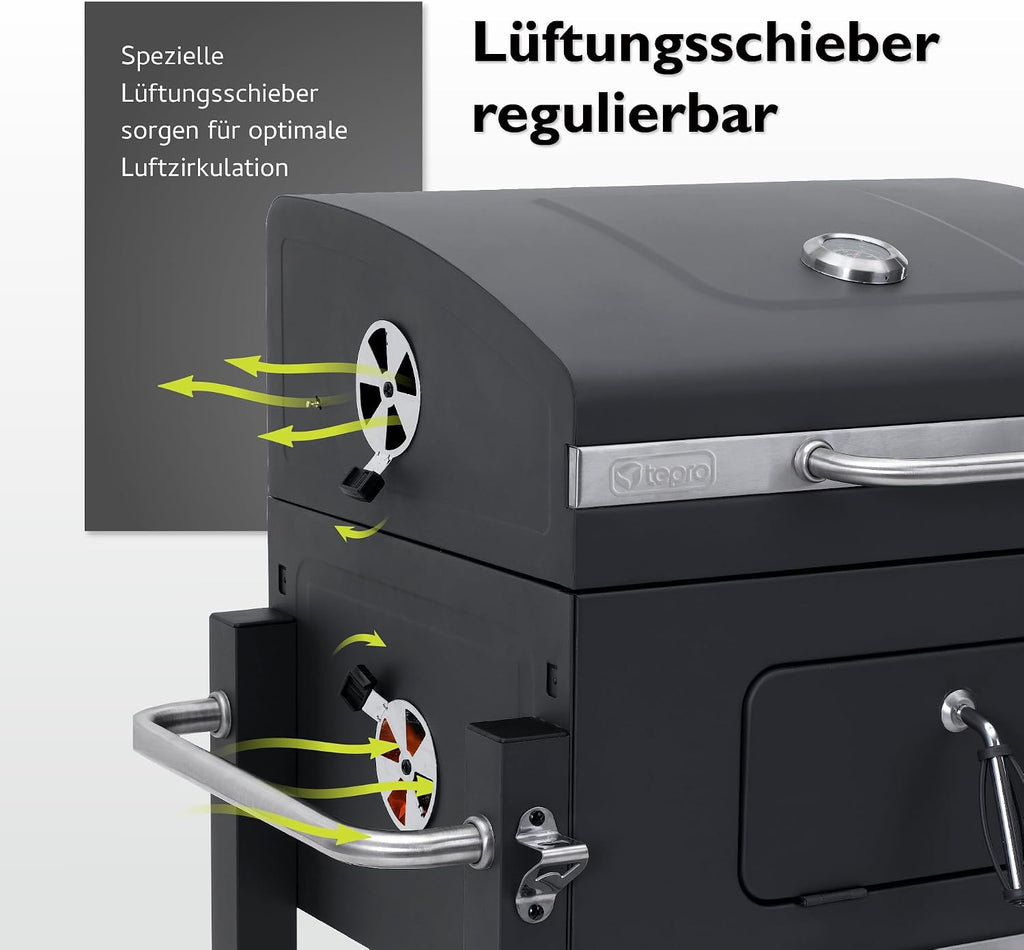 tepro Holzkohlegrill (Grillwagen) Toronto Click, Grillfläche: ca. 56 x 41,5 cm, BBQ mit Deckel, Edelstahl-Griff, Grillrost und Thermometer, Maße ca. 115 x 67 x 107 cm