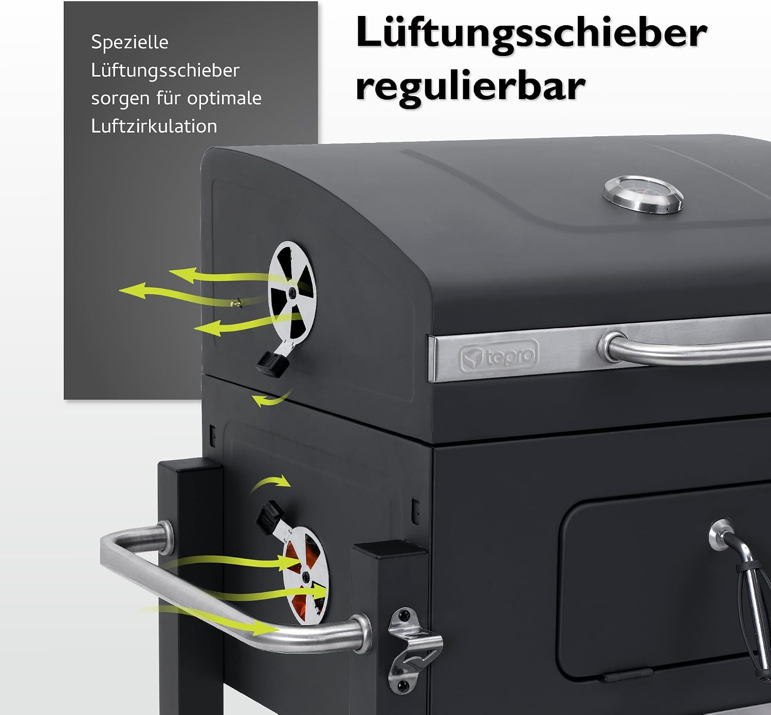 tepro Holzkohlegrill (Grillwagen) Toronto Click, Grillfläche: ca. 56 x 41,5 cm, BBQ mit Deckel, Edelstahl-Griff, Grillrost und Thermometer, Maße ca. 115 x 67 x 107 cm