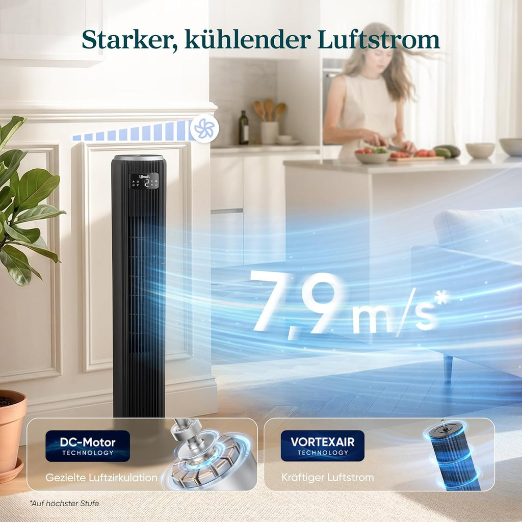 Levoit LTF-F362-KEU Classic Turmventilator 92cm – 20dB, 7,9m/s, 12 Stufen, 4 Modi, 90°, 24W, Graphitschwarz