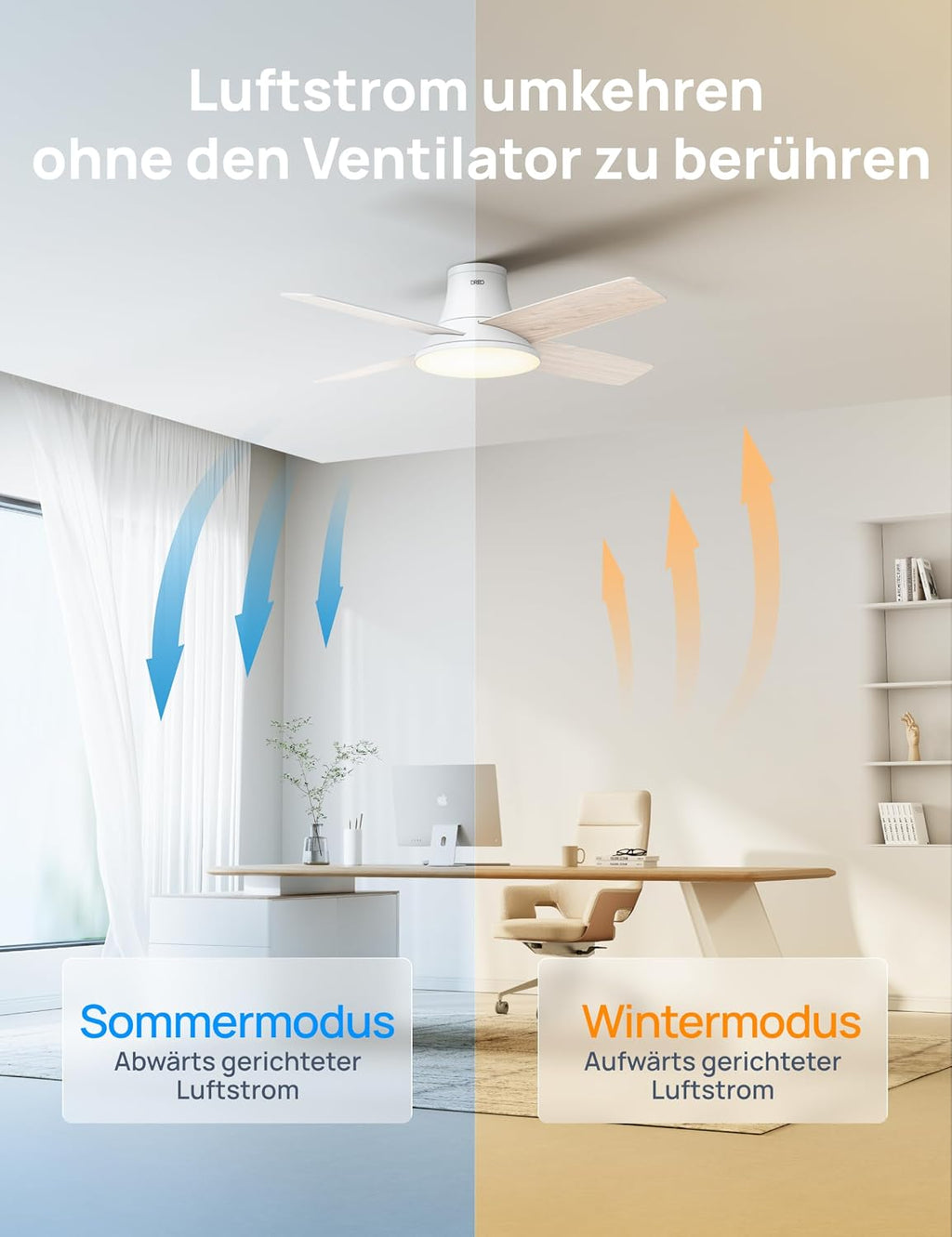 DREO Deckenventilator mit Licht bietet zwölf Geschwindigkeiten, drei Modi und einen leisen Gleichstrommotor. Einfache Montage, dimmbares LED, Fernbedienung und 12-Stunden-Timer in Weiß