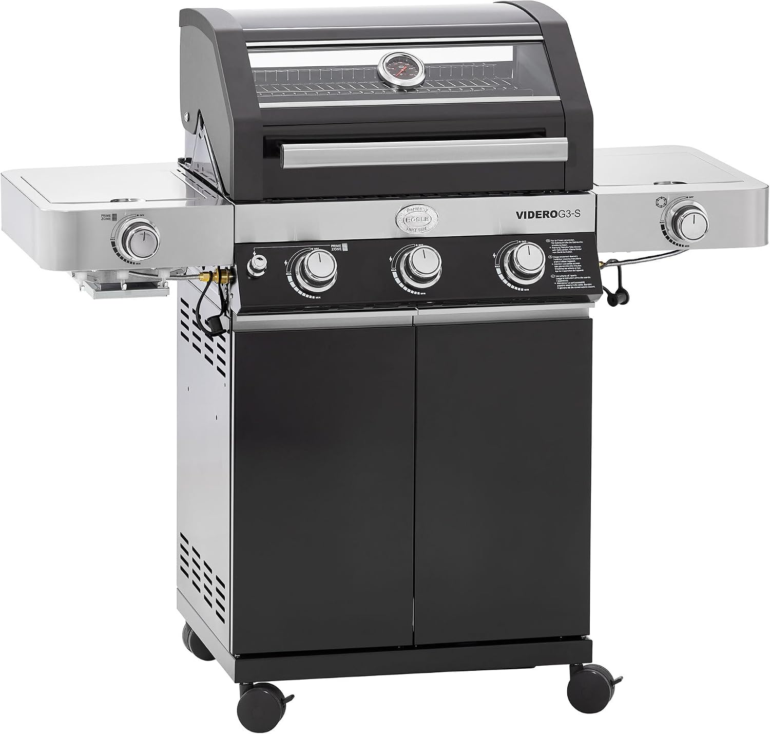 RÖSLE Gasgrill BBQ-Station VIDERO G4-S Schwarz, Grill mit 4 Edelstahlbrennern, extra Primezone und Seitenbrenner, klappbare Seitentische, VARIO+, pulverbeschichteter Stahl | Primezone Extra Seitenbrenner, klappbare Seitentische, Vario+System, pulverbeschi