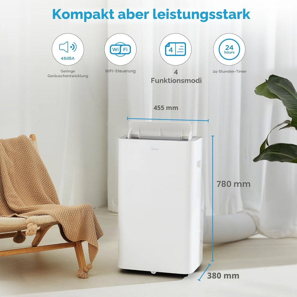 Midea Silent Cool 26 Pro WF Mobiles Klimagerät 9.000 BTU – 3-in-1, R290, EEK A, WiFi, 32m², Weiß