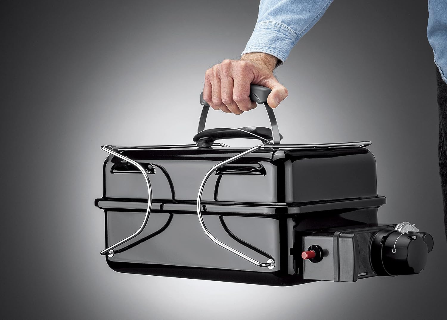 Weber Go-Anywhere Gasgrill | Grill mit klappbaren Beinen, Zündknopf, Robuste Emaille, leicht, kompakter Campinggrill, 42 x 26 cm Grillfläche, Schwarz