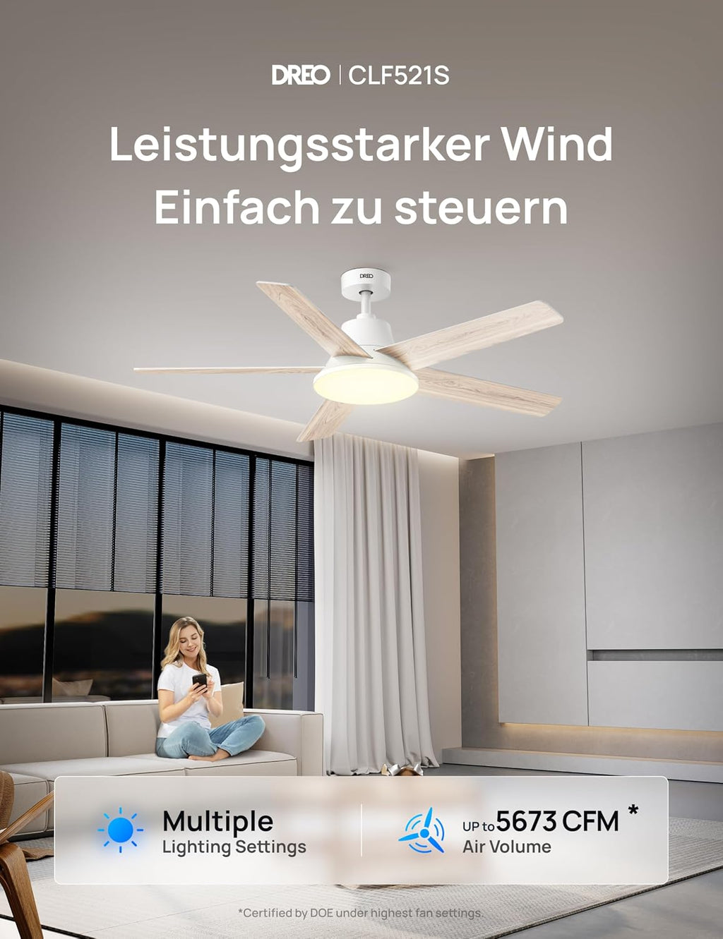 DREO Smart Deckenventilator mit Licht, 132 cm, 12 Geschwindigkeiten, 3 Modi, stufenlos dimmbares LED-Beleuchtung, leiser DC-Motor, 12H-Timer, Fernbedienung/APP/Alexa, für Innenräume, Weiß