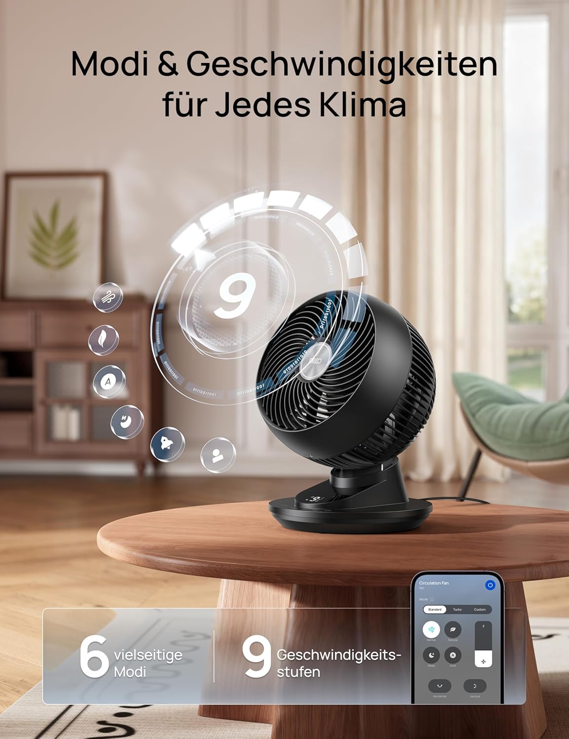 DREO TurboPoly DR-HAF008S Tischventilator – 1.530m³/h, 22dB, 100° Oszillation, 9 Stufen, WiFi, Alexa, Schwarz