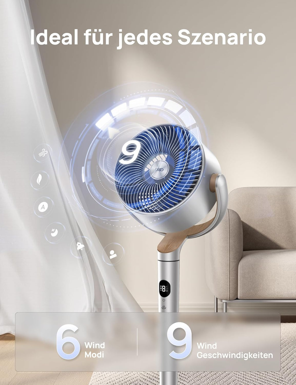 DREO Smart Standventilator mit RGB-Licht, 120°+120° Oszillation, Leiser 20 dB Bodenventilator mit Fernbedienung, 8H Timer, für Schlafzimmer, Silber