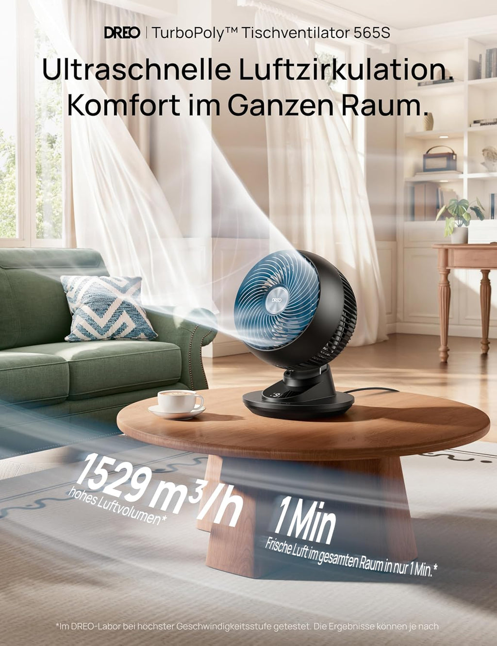 DREO TurboPoly DR-HAF008S Tischventilator – 1.530m³/h, 22dB, 100° Oszillation, 9 Stufen, WiFi, Alexa, Schwarz