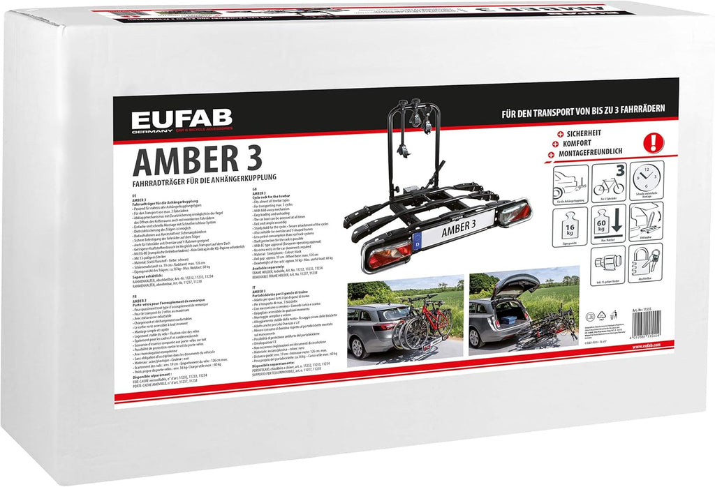 EUFAB 11555 Amber 3 bicycle carrier, suitable for e-bikes, partially pre-assembled, anti-theft protection, for 3 bicycles, for tow bar, approx. approx. 102 cm x 74 cm x 72 cm.