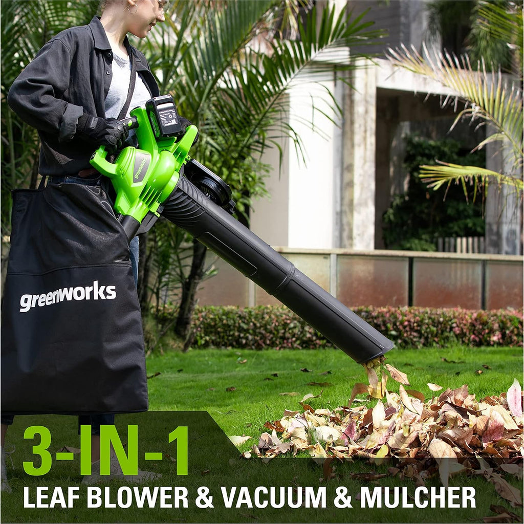 Greenworks 48V(24V x 2) Akku Laubsauger / Laubbläser mit Schultergurt, bürstenloser Motor, 322 km/h, 9 m³/min, 45L Fangsack, zwei 4Ah Batterien & Ladegerät, 3 Jahre Garantie GD24X2BVK4X