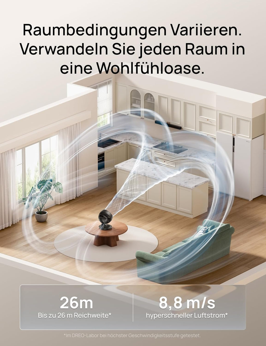 DREO TurboPoly DR-HAF008S Tischventilator – 1.530m³/h, 22dB, 100° Oszillation, 9 Stufen, WiFi, Alexa, Schwarz